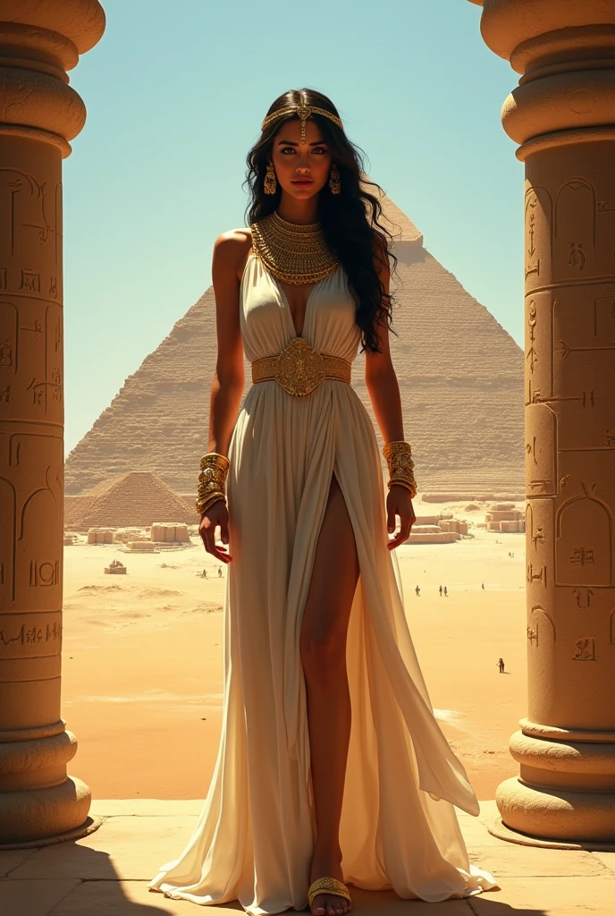 Sommer Ray, beauty lady, perfect face proportion, perfect face Sommer Ray, Perfect fit body proportion, sexy look, ((Egyptian Goddess))) best quality, ultra-high resolution, 4K detailed CG, master piece,oisiris,god. Egyptian mythology, white Egyptian clothing, full length dress, desert, aesthetics, Beautiful image, centered on the screen, oasis in the background, full body lenght, long dress.