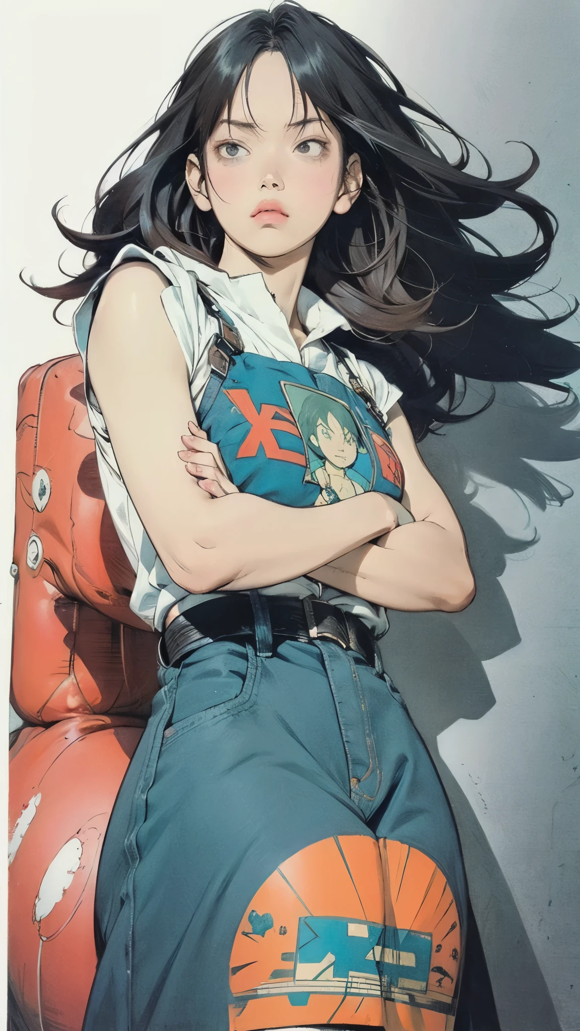wearing fighting gloves, Close-up photo of an anime girl crossing her arms、Otomo Katsuhiro , black hair、semi-long hair, Akira art style, Akira Style illustration, Akira's Japanese Art , Akira Style, Toriyama Akira style, Satoshi Kon's art style, Akira art style, Akira style