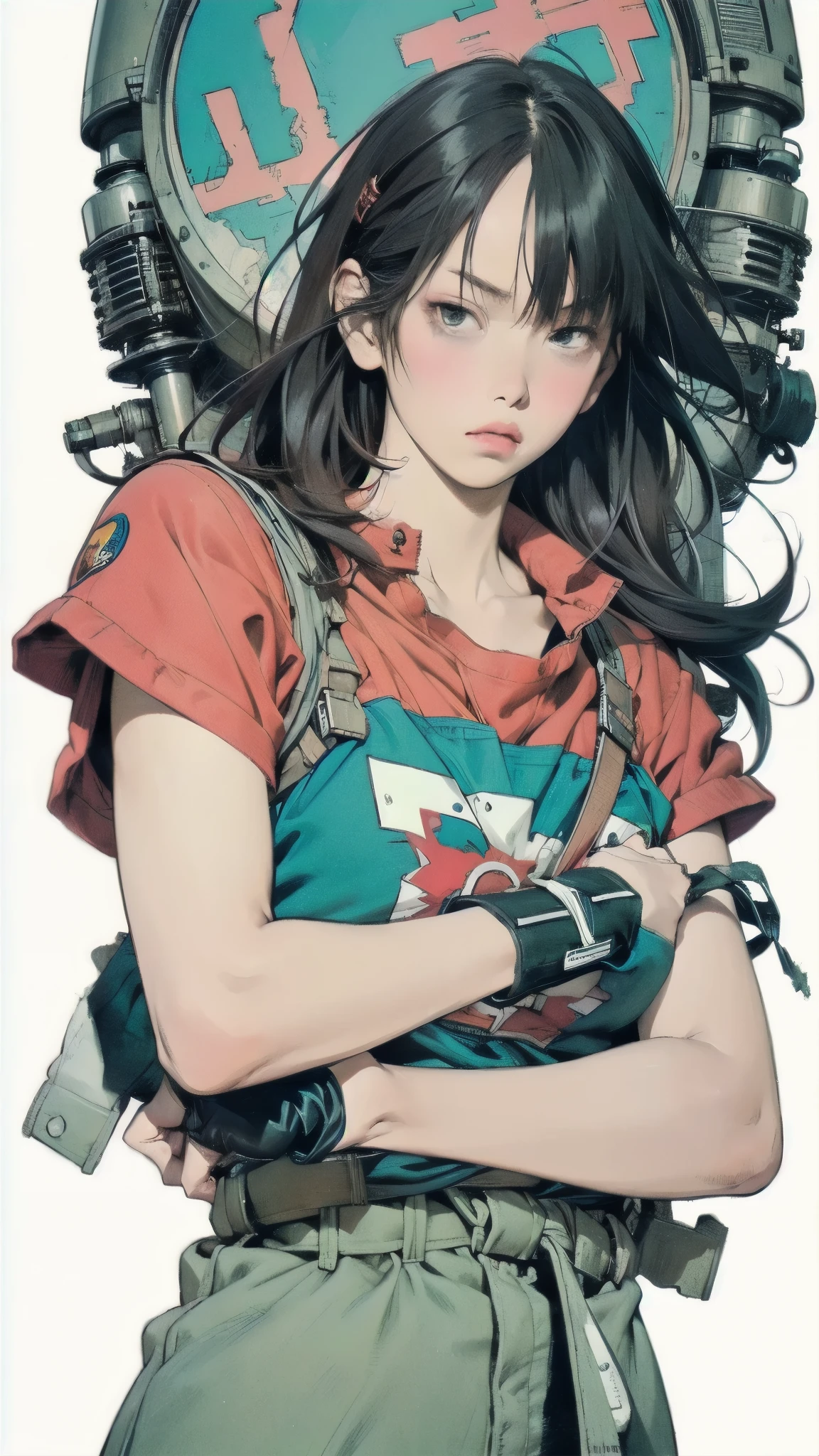 fighting gloves with crossed hands, Close-up photo of an anime girl crossing her arms、Otomo Katsuhiro ,  black hair、semi-long hair, Akira art style, Akira Style illustration, Akira's Japanese Art , Akira Style,  Toriyama Akira style, Satoshi Kon's art style, Akira art style, Akira style