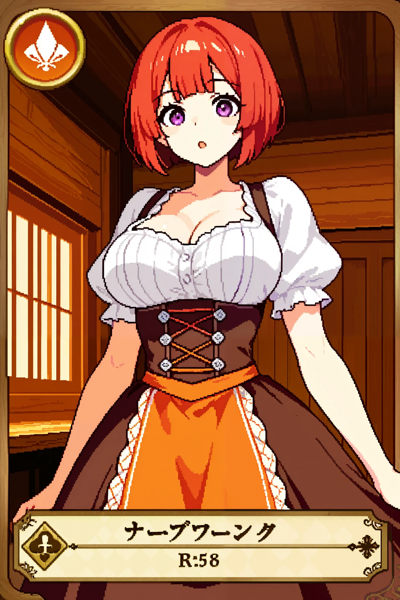 score_9, score_8_up, score_7_up, source_anime, 1girl, solo, pixel art, playingcard, , trading card, card_(medium), RPG clothing and stats BREAK
Red hair, short hair, bob_cut, purple eyes, large breasts, narrow waist, hourglass body BREAK
Renaissance, dirndl, orange pinafore dress BREAK
Looking at viewer, curious face, open mouth, standing, portrait, indoors, wooden house, windows, daytime, forest
