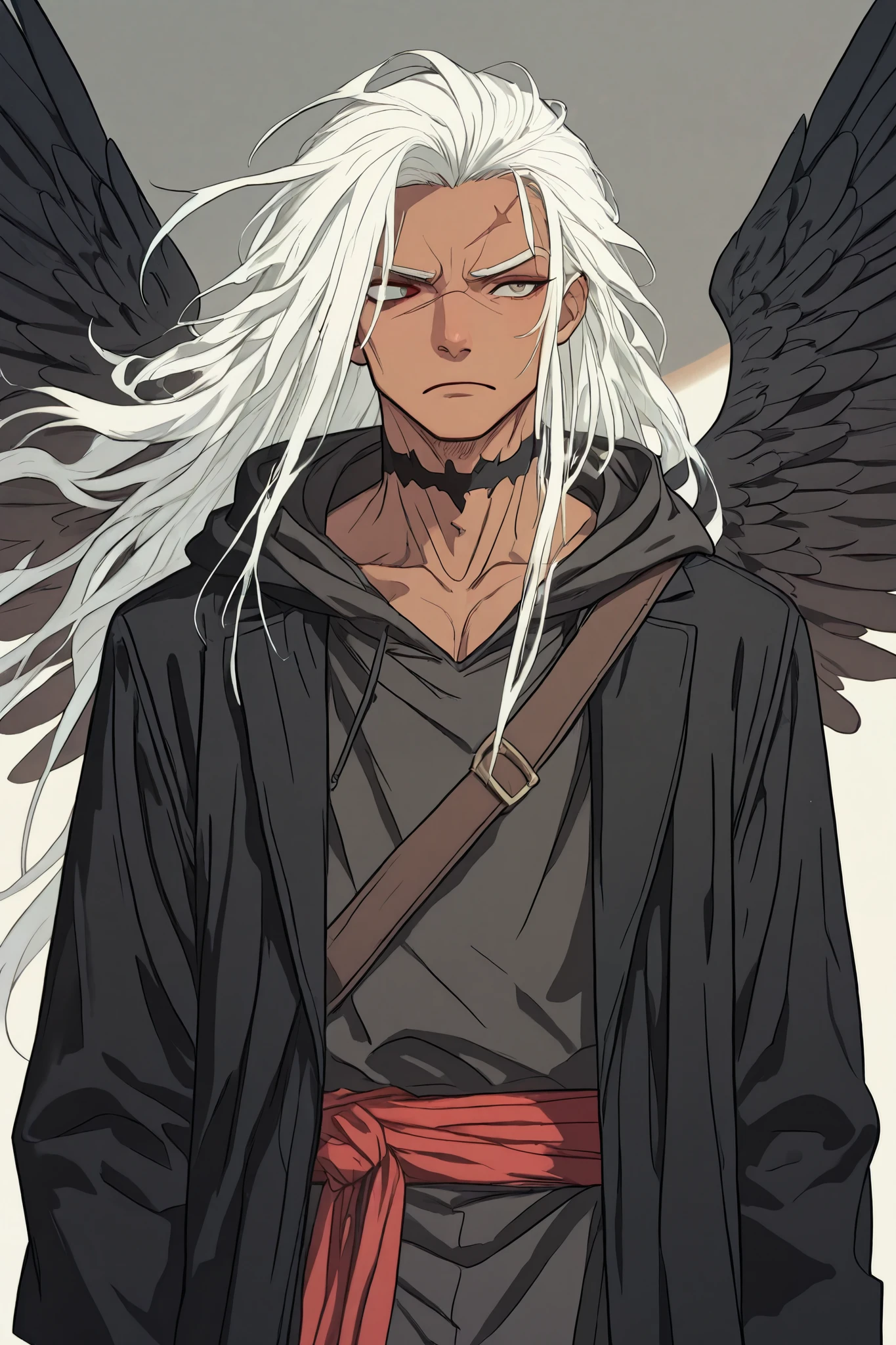 a tall man about 25 years old, with dark skin, long straight white hair, with a fringe that covers one eye. He has a scar that runs from his chin to his neck. He has large black wings coming out of his back. He has a serious expression. He wears a black overcoat with a hood, underneath he wears dark leather clothes. He is a single person