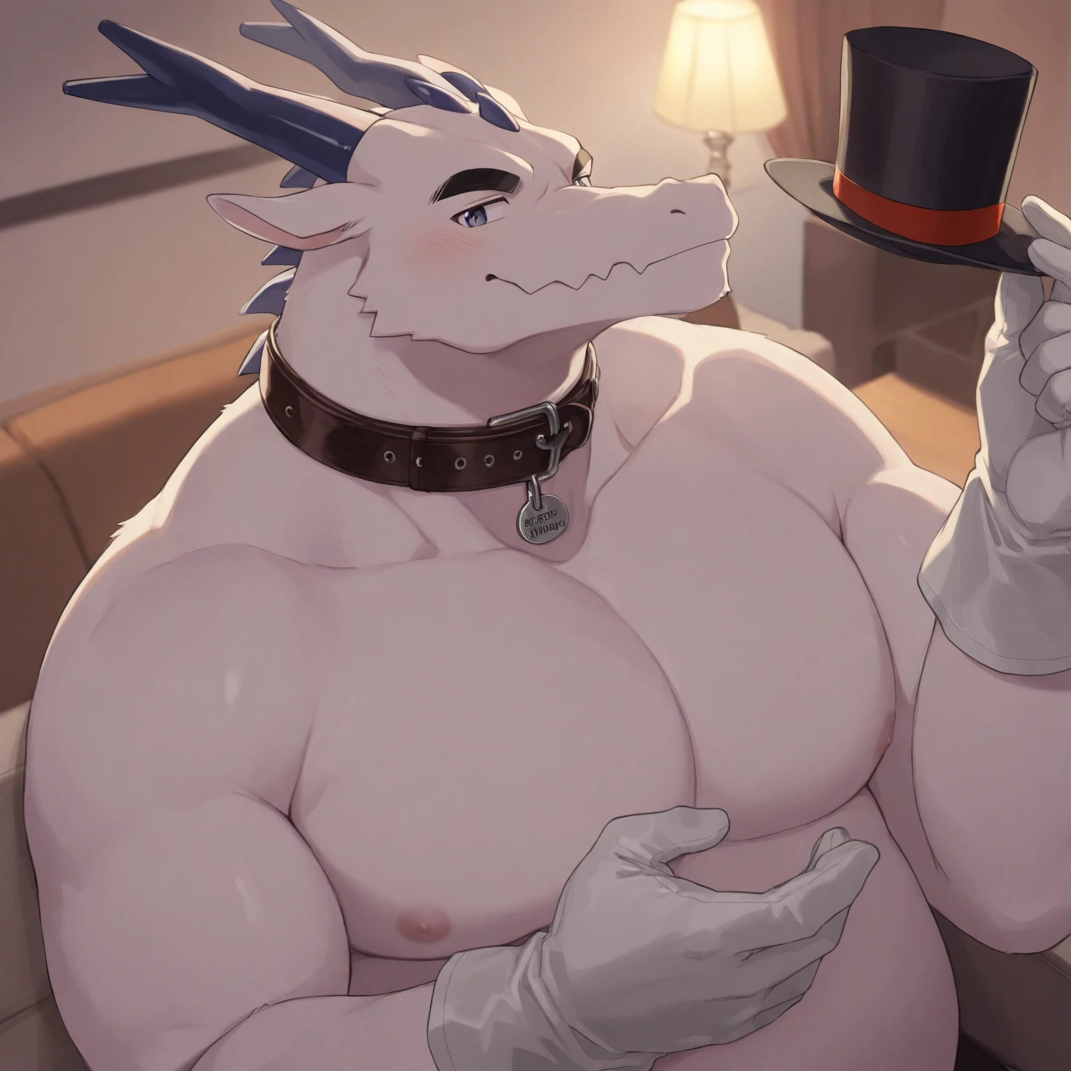 Scalie, Anthro shark, adult male shark, wearing white button down shirt, bowtie, suspendenders, casual pose, dominant, soft smile, solo, bulky build, chubby, hard small penis, small veiny penis, sitting on couch