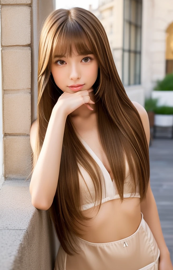 Long hair with long and large waves up to the buttocks　lingerie　Brown hair　Colossal tits　A big smile