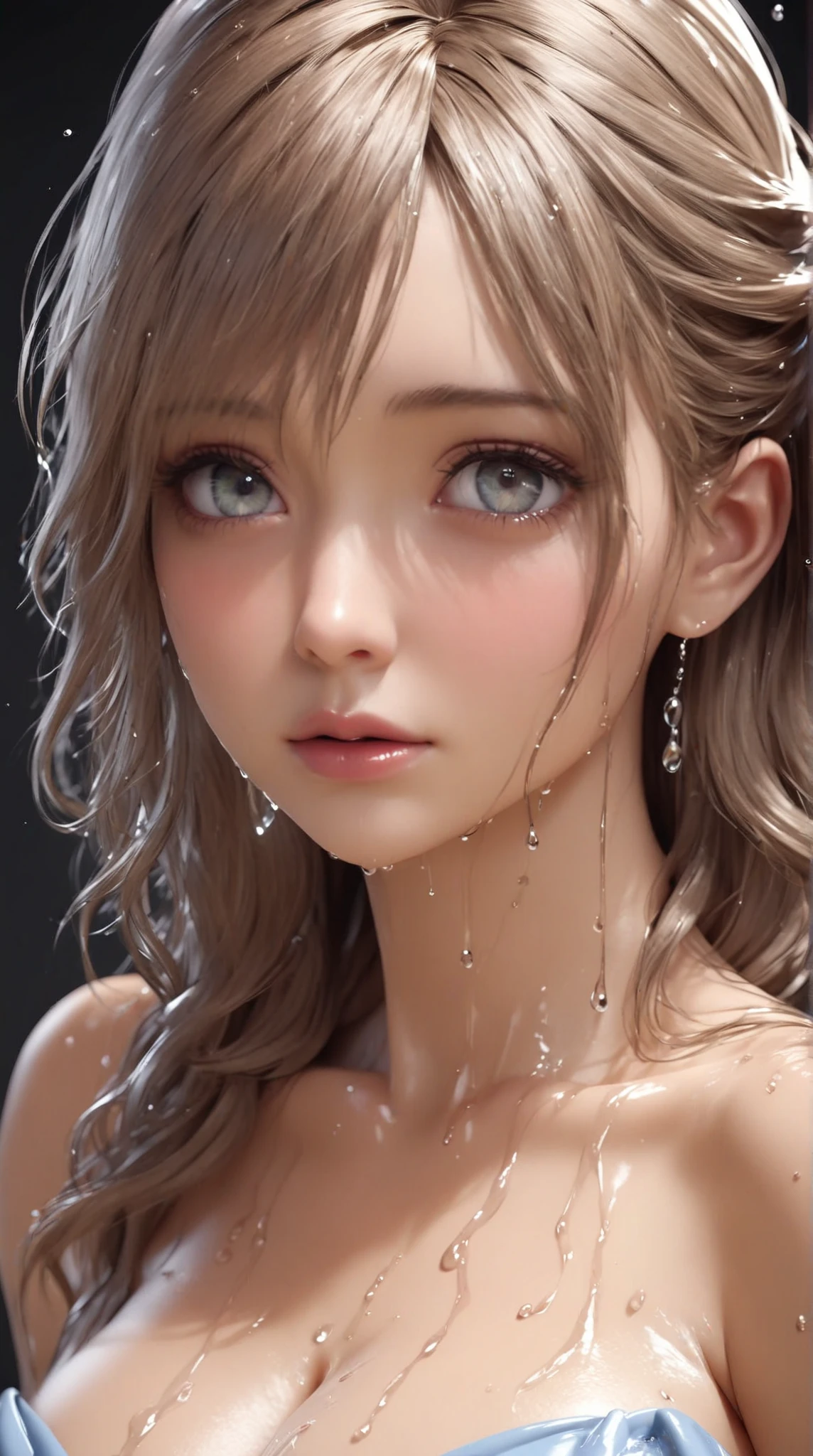 (((Masterpiece))), (((portrait))), Kujou Sara, diffused light, dynamic shadows, sharp focus, realistic, detailed, highres, absurdres, white background, no bra, photorealistic, lifelike, wet, mascara, blushing, sleeveless, youthful appearance, pee stain, white panties, (((nudist))), (((sweept bangs))), (((side braided ponytails))), (((lips apart))), (((cutest)))