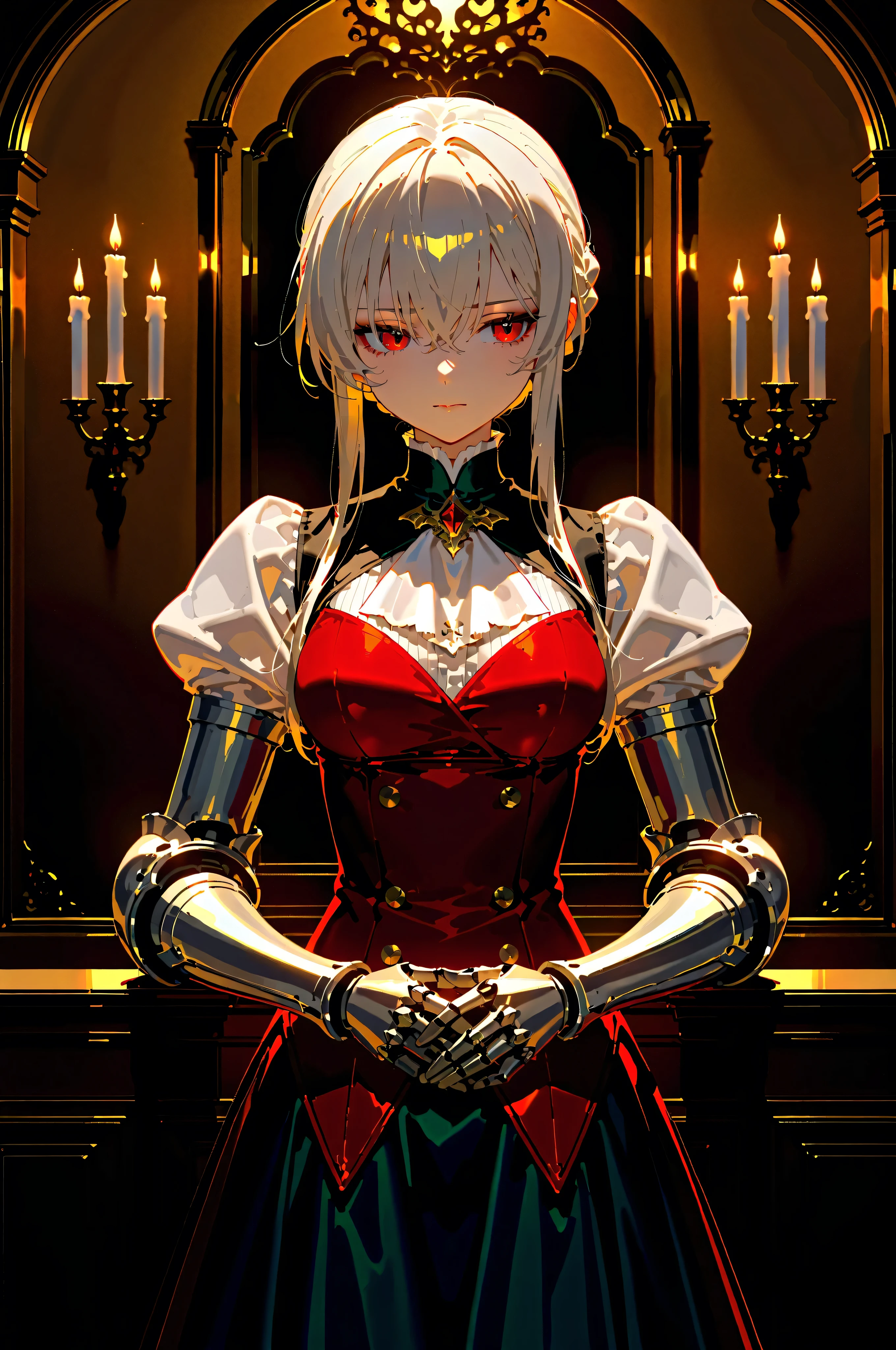 Best quality, score_9, score_8_up, score_7_up, vampire girl, knight armored arms, Victorian style background, warm light, candle wall, night, ambient occlusion