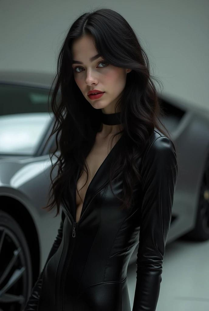super detailed face sexy face big red lips UHD super realistic tight black silk dress sexy dress long cut dress high heels Lamborghini car