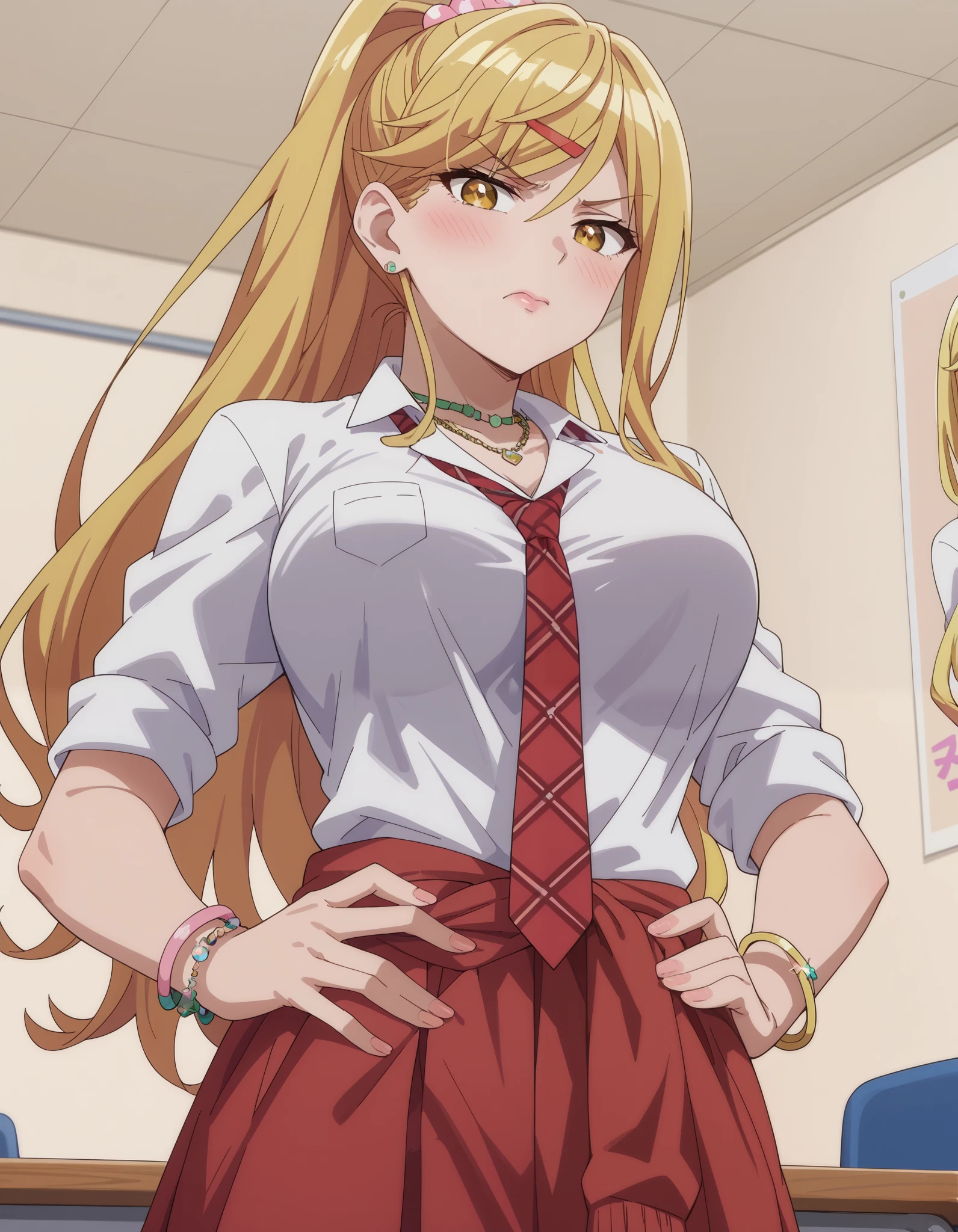 score_9, score_8_up, score_7_up, source_anime, himari ishikura, long hair, bangs, blonde hair, large breasts, hair ornament, yellow eyes, ponytail, hairclip, high ponytail, large breasts, anime screencap, skirt, shirt, jewelry, school uniform, white shirt, necktie, collared shirt, necklace, bracelet, red skirt, red necktie, clothes around waist, gyaru, clubroom, posters, meeting table, decorations, student council, , hands on stomach, blush,, looking at viewer,cowboy shot,disgust,
,solo, from below, white background, looking at viewer, simple background, looking down, upper body,bright pupils, breast focus:1.8,close-up, shaded face,