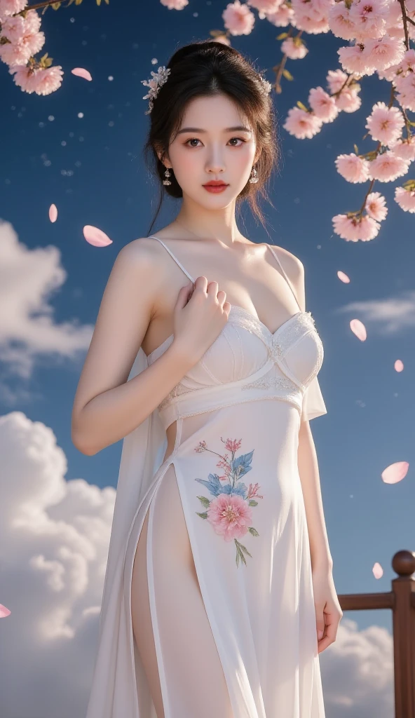 Special clothes44,lace trim,midriff,shirt,miniskirt, ((cowboy shot)), Redlip, A mature woman, cosmetics, フォトリアリスティック、real photograph、((realistically:1.5))、There are white phalaenopsis around the hair，Lilac dendrobium、white lilies、1 rapariga、Brown hair、floated hair、A plump chest, slim toned body, Charming legs, Hefty Smile, Strike elegant poses, Have extremely beautiful facial features、Hairpin on the head、perfect hand、(natta、themoon、precipice)、 vectorial art、Chinese contemporary art、gentlesoftlighting、looking-down