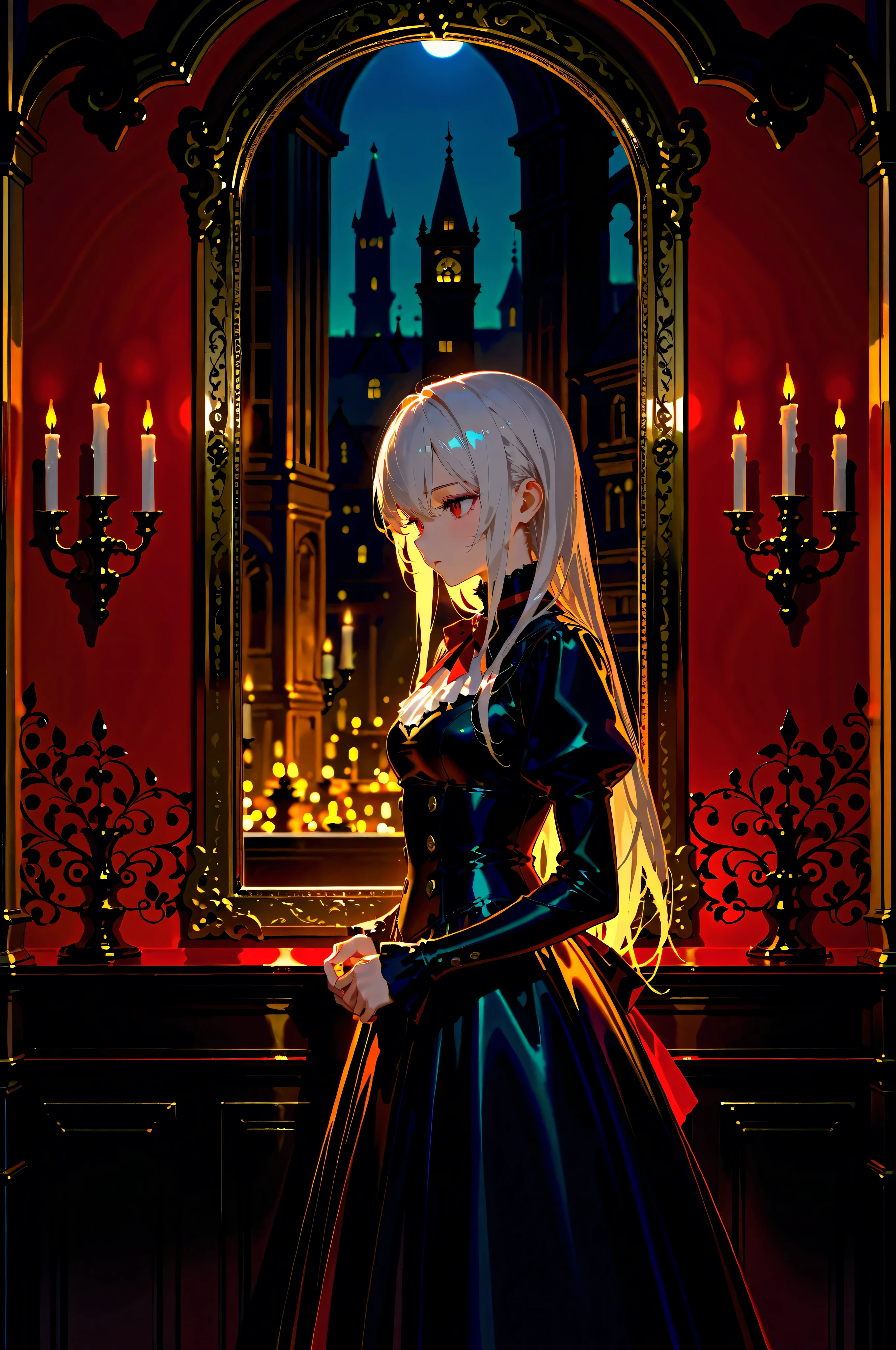 Best quality, score_9, score_8_up, score_7_up, vampire girl, knight armored arms, Victorian style background, warm light, candle wall, night, ambient occlusion