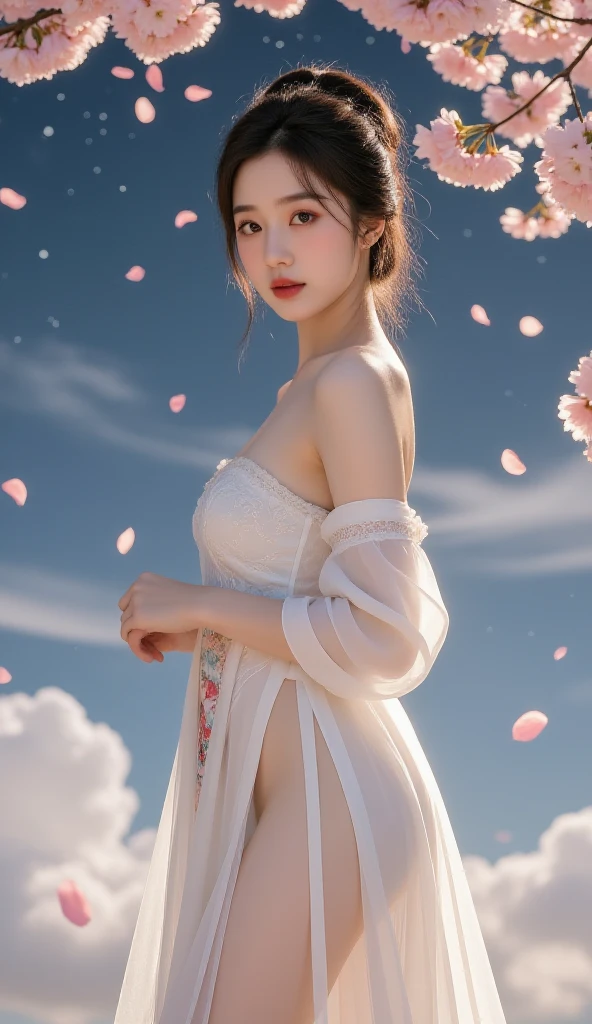 loose outfit、Show shoulders、Dark Color String Dress、How to wear a black gown、Decorated with intricate patterns and bright colors、Transparent material that makes the skin shine、Artistic depiction of seductive woman in gown with wet thin cloth and transparent skin, Floral and fantastic pattern with flowing silky traditional see-through skin。Her dress draped elegantly around her curvaceous figure、Emphasizes her charming silhouette。She's a gentle fireworks night、Dynamic Posing、Sexy Posing、bathed in the soft glow of moonlight。The scene is、With a hint of mystery and sensuality、It exudes an ethereal dreamy atmosphere。The image style is、Incorporates a blend of watercolor and digital illustration techniques.、It makes you feel delicate beauty and charm。Soft moonlit lighting、Cast gentle highlights and shadows on her mesmerizing features。Dynamic Posing、Bold poses、The hand is somewhere、see -through、show through、A sexy、Wet hair、Wet、（cherry trees、flower petals、cherryblossom、The cherry tree、Sakura Snowstorm 1.5）、buried、Transparent skin、Wet clothes、（Chest 1.2）、Navel Ejection、Swaying in the wind、Burgundy、pale red、（Slouch 1.5）、Lace colors、lace choker、a choker、Lie on your back on the surface of the water、New lining、