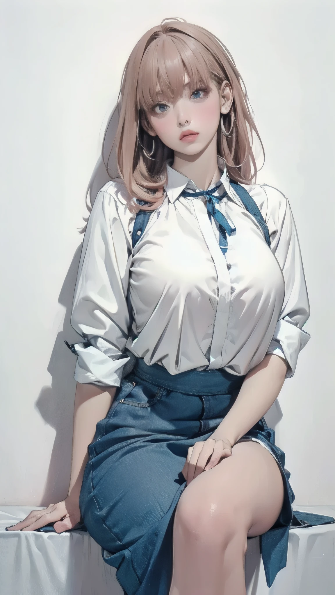 A woman wearing a white shirt and blue skirt poses for a photo,upper body、 with a large chest, , soft chest, Thick neck, bust up, place your hands on your lap、bending forward、highlight breasts、on the lower body