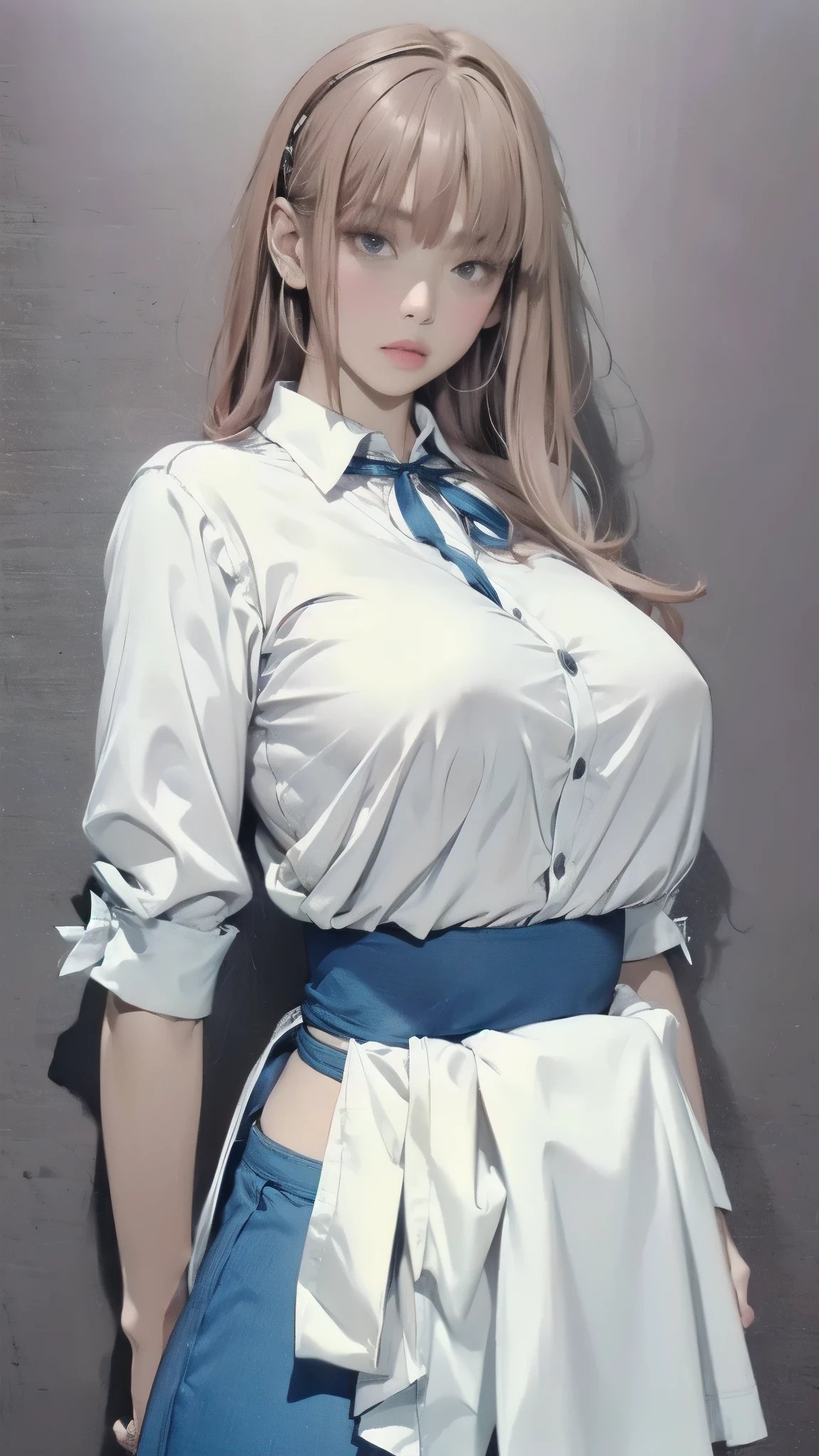 A woman wearing a white shirt and blue skirt poses for a photo,upper body、 with a large chest, , soft chest, Thick neck, bust up, place your hands on your lap、bending forward、highlight breasts、on the lower body