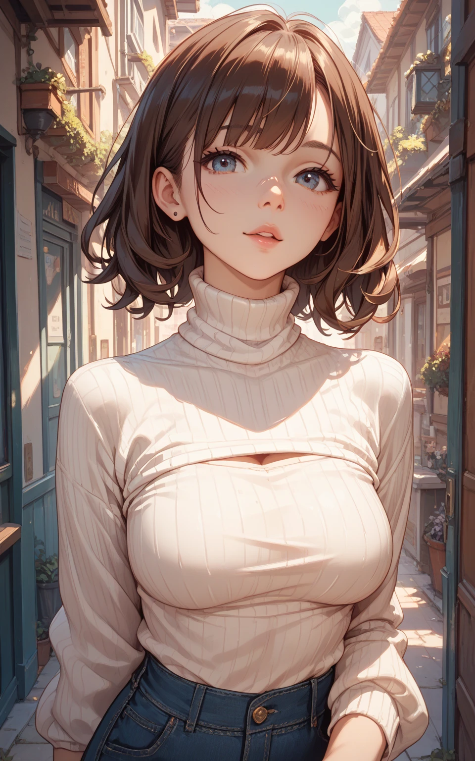 1 girl, ((masterpiece, highly detailed, HD, high quality)), Side set breasts, (breasts type: Side_set, Breasts have a wider gap between them, with nipples pointing more outward), upper body, head to knees, Eyes - Large, dark brown, Nose - Small and rounded, Lips - Thin, natural pink, Hair - Long, straight, dark brown, Skin Tone - Warm medium with a golden undertone, Eyebrows - Thick and straight, Cheekbones - High and soft, Chin - Rounded, Ears - Medium-sized and close to the head, Expression - Warm and welcoming, wearing (Wool blend A-line dress), standing, ((Hands Clasped in Front, Head Tilted)), looking at viewer, camara lavel with face, background: outside, home front gate.