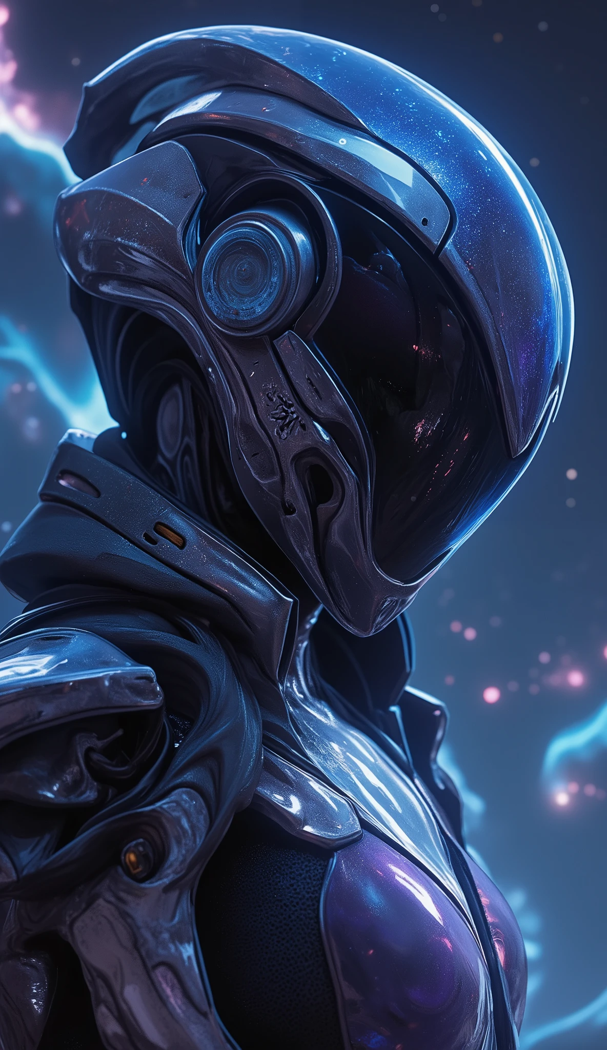 helmet Stunning artwork by Tali'Zorah,An independent female character represented in HD,Wearing the iconic,no visible face,posing sideways against a fascinating space background full of stars and auroras。