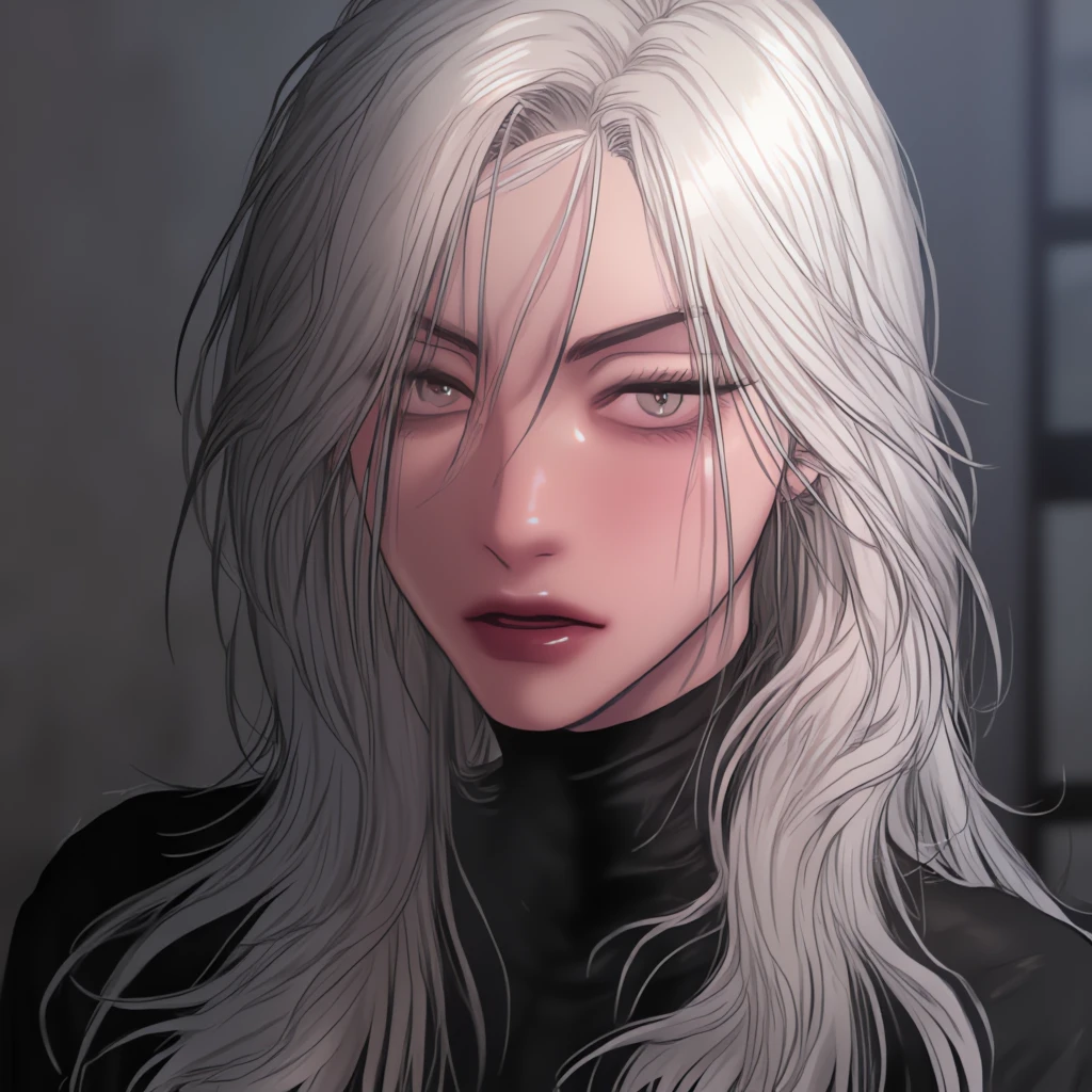 A handsome woman with very long pure white mullet hair and serious handsome sharp expressions, black shirt.