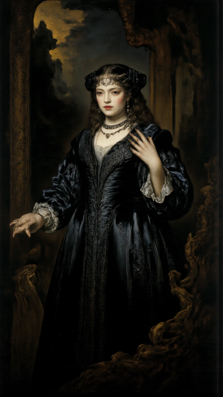 A Stunning 30-Year-Old Sexy Gothic Woman,full body shot,embroidered clothing.
