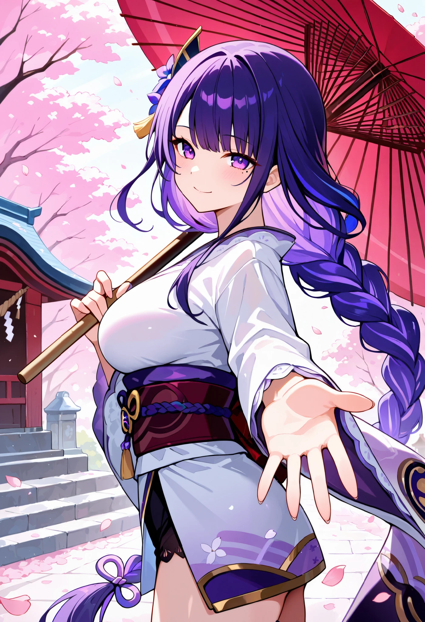 masterpiece, best quality, newest, absurdres, highres, 1girl, RdnMkt, purple hair, long hair, braided ponytail, braid, purple eyes, mole under eye, large breasts, hair flower, hair ornament, purple flower, japanese clothes, long sleeves, wide sleeves, obi, white kimono, short kimono, sash, bow, outdoors, oil-paper umbrella, cherry blossoms, sunlight, holding umbrella, reaching towards viewer, from side, wind, falling leaves, falling petals, shrine, looking at viewer, smile,