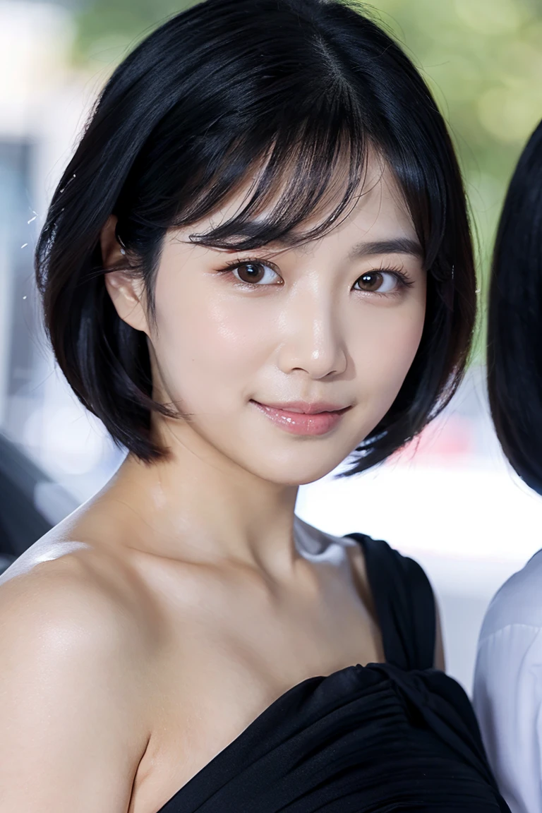 evening dress, deep slit, small breasts, cleavage,, 8k, RAW photo, best quality, masterpiece, realistic, photo-realistic, clear, professional lighting, beautiful face, no makeup, best quality, ultra high res, BREAK, Japanese cute girl, 14 years old, (short cut hair:1.2), smile, BREAK, standing, (black eyes, black hair:1.2)