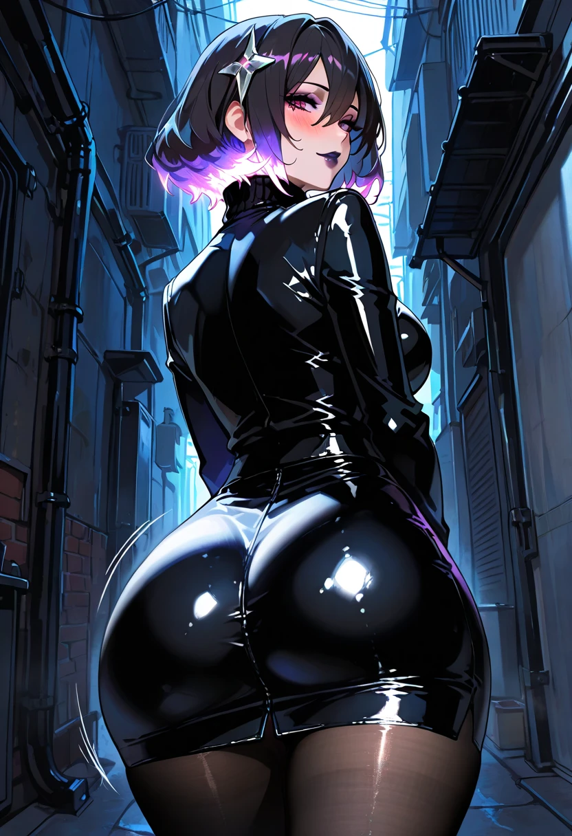 Masterpiece, Beautiful art, professional artist, 8k, shy expression, very detailed face,1 girl, view from behind, perfect ass, standing, walking down the street, BIG BREASTS, perfectly drawn body, pale skin, seductive expression, loving smile, beautiful face, black hair short ponytail, 4k eyes, very detailed eyes, pink cheeks, (shiny black tight bodysuit), Sensual Lips, show details in the eyes, City, at night