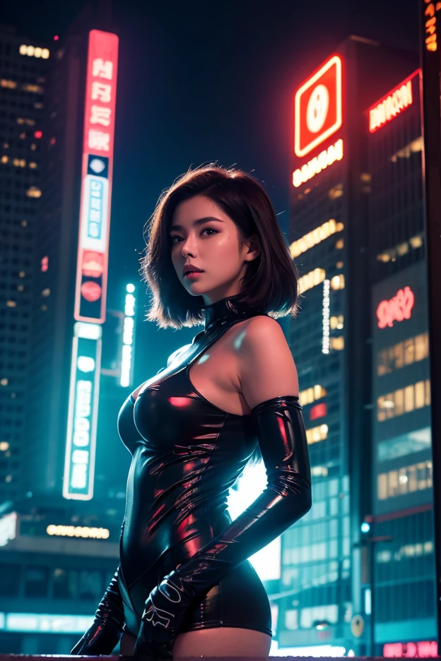 (highest quality、4k、8k、High resolution、masterpiece: 1.2)、Super detailed、(real、photorealistic、photorealistic: 1.37)、SF、beautiful young woman、bounty hunter、Cybernetic Weapons、cyberspace、High Tech City、Shining neon lights、((futuristic fashion))、((Skin-tight, revealing clothing))、mythical creatures、intense action、Fast-paced、Exciting soundtrack、explosion、Advanced technology、Sharp contrast、Gritty atmosphere、Black Market Trading、Skyline at night、Steampunk elements、Laser gun combat、Hidden Alley、hovering drone、Enhanced Vision、The unforgiving metropolis、cybernetic implant、Secret organizationysterious Informant、High Speed Chase、Impressive acrobatics、Colorful holograms、Urban Exploration、Navigating Virtual Reality、A diverse and multicultural society、Dystopian society、 Crowded city street、hall々A high-rise building、Android Companion、Illegal cybernetic modifications、A heart-pounding adrenaline rush、Heroic determination、r1r3、majastrojek