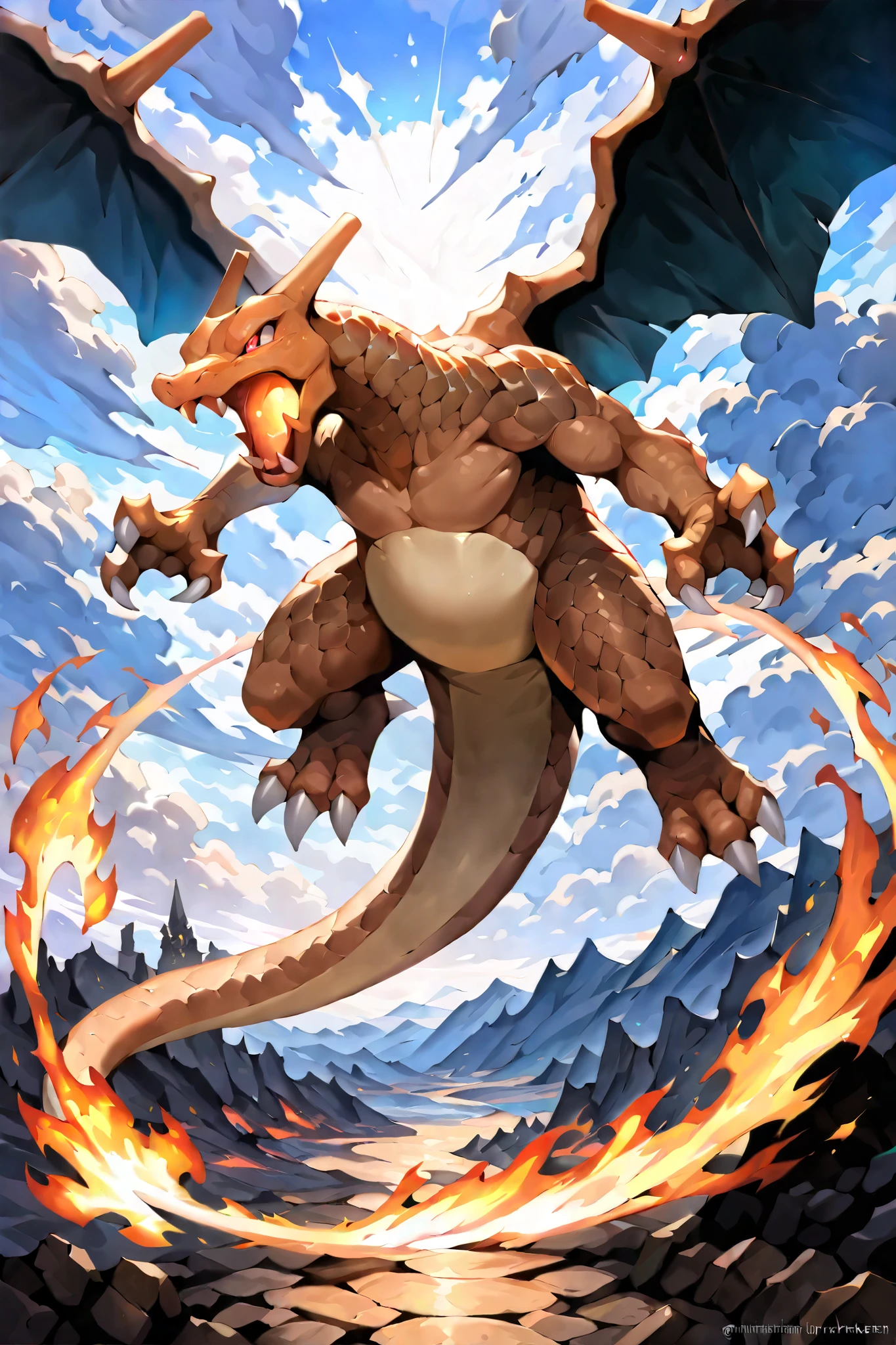 (Masterpiece:1.5),(Best quality:1.5),Charizard(Pokemon),(Muscular body),full body,cinematic lighting,highly detailed dragon scales,realistic textures,epic fantasy landscape,dramatic clouds,glowing red eyes,powerful roar,majestic wings spread