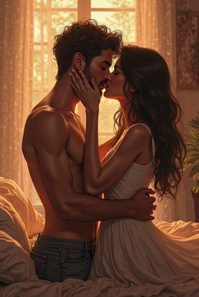 A petit, delicate woman, with long black hair, pregnant, being held by a tall and muscular man. In a kitchen.
