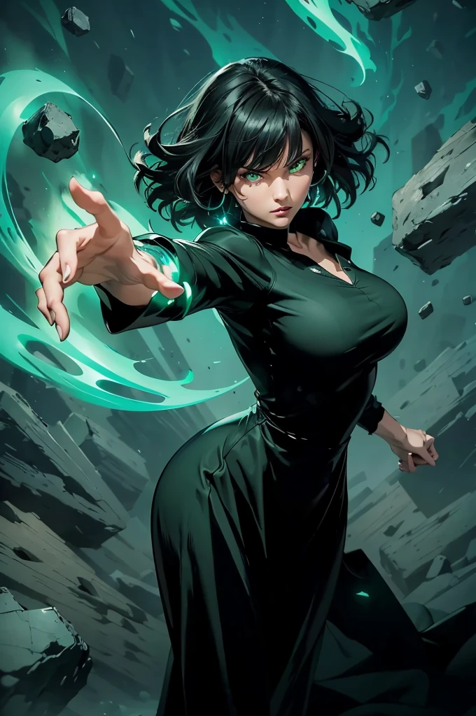 Anime art style, Fubuki from one punch man, green hair, white skin, wearing V-neck dress, flying over destroyed rock, cinematic lights, blushing cheeks, ligth smiling, detailed small breast, wide hips, NSFW, cowboy shot.