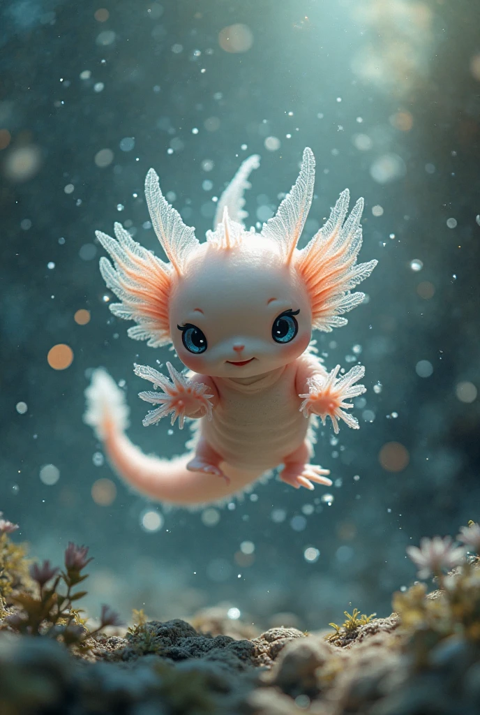 Image of a brightly colored Axolotl with feather-like gills, swimming in the aquarium.