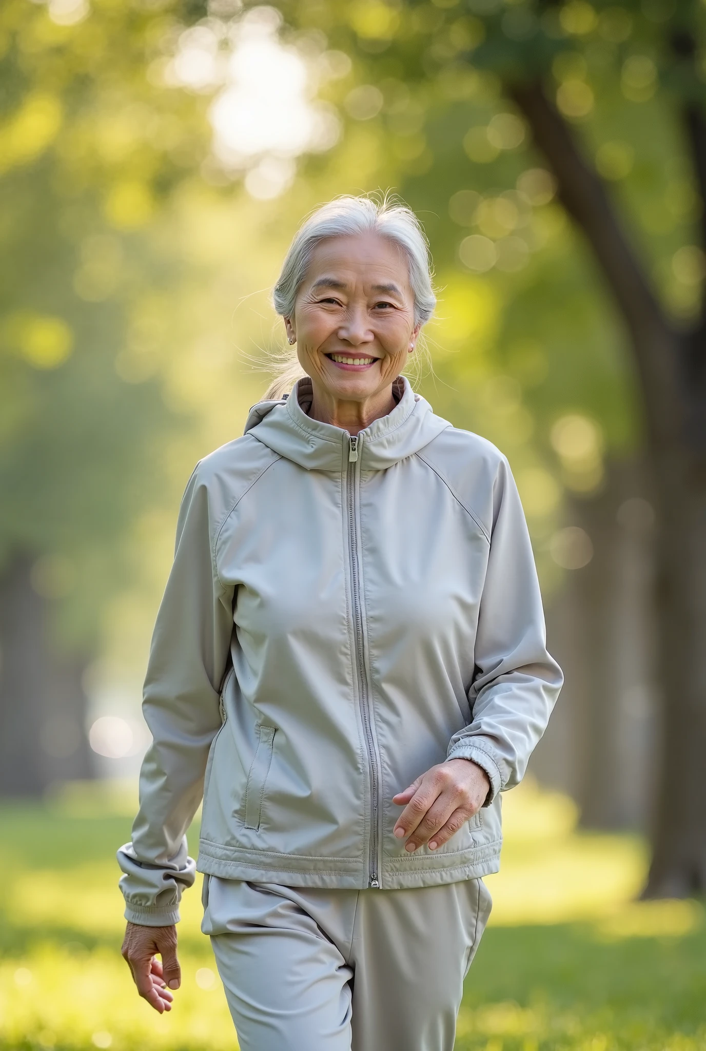 old woman with a long white hairs walk in mountain, she dress a white t shirt and sport mountain pants, she's tired, she's old woman, she  is serene, she's funny ,