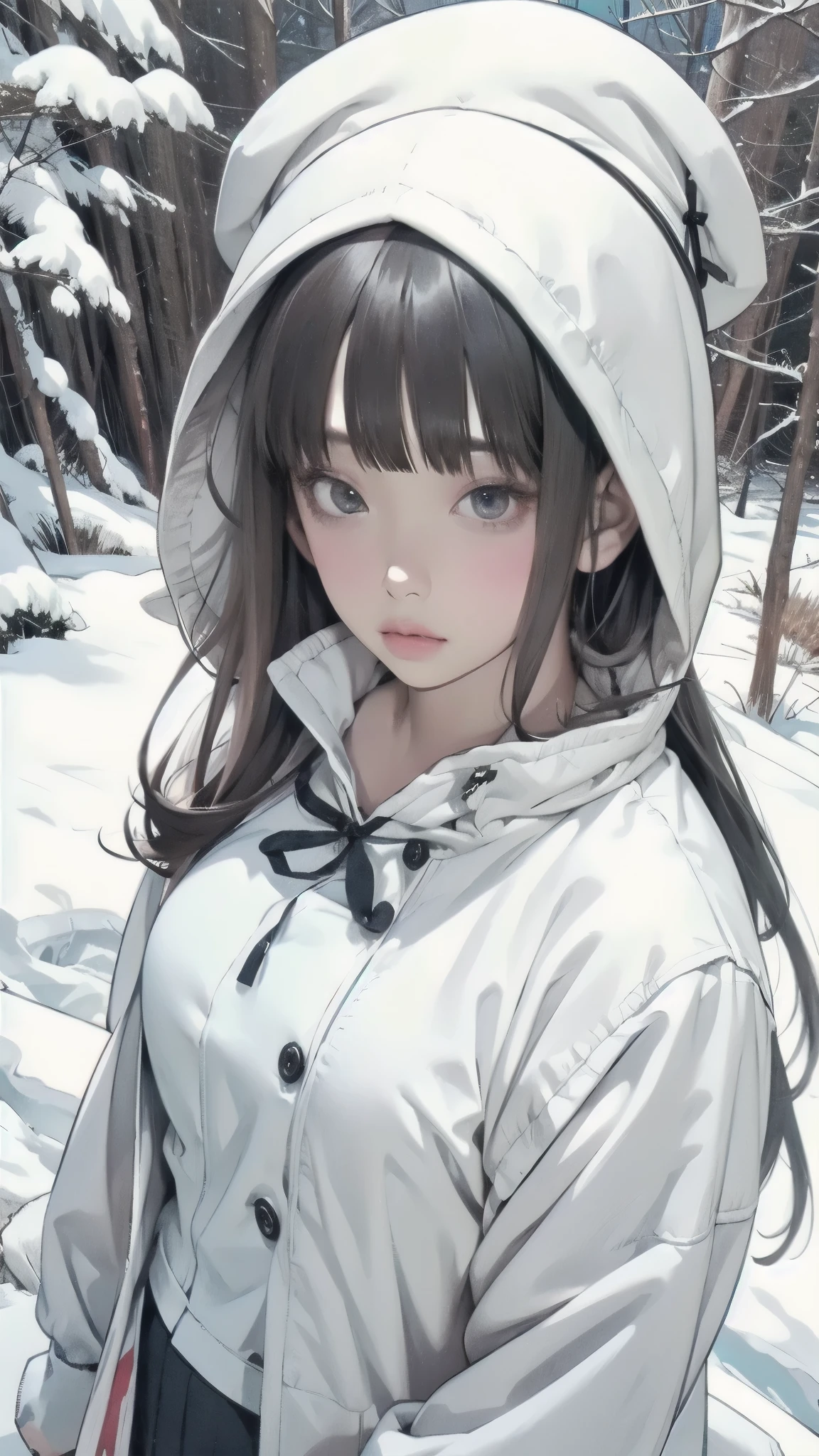 shot from above、Winter anime girl in white coat and hat posing in a snowy forest, black hair、full bangs、 anime drawing inspired by Miu Komatsu, cute girl anime visual, Hinata Hyuga, Bewitching Anime Girl, charming anime girl, Anime Best Girl , winter aesthetics , anime moe art style, beautiful anime girl, my chest is open、highlight breasts