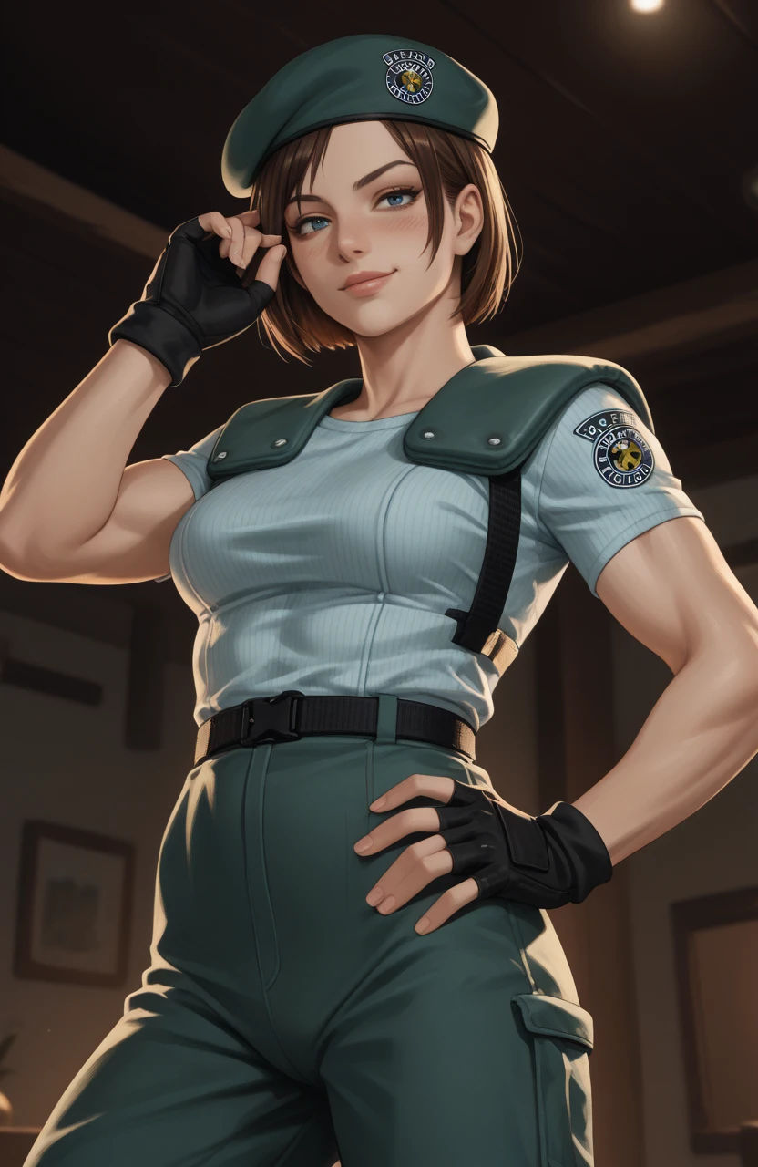masterpiece, best quality:1.2), expressive eyes, perfect face, highres, 1 girl, solo, (mature:1.5), adult, (female:1.5), chris redfield, green taut shirt, white pants, fingerless gloves, smiling, hands to hip, standing, upper body portrait, looking at the viewer,