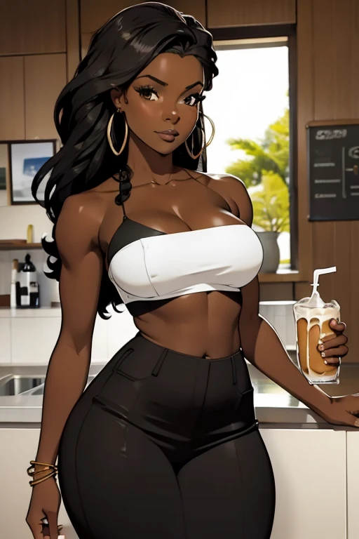 Dark skin ebony young woman in an oversized fuzzy fitted shirt, clearly defined brown eyes