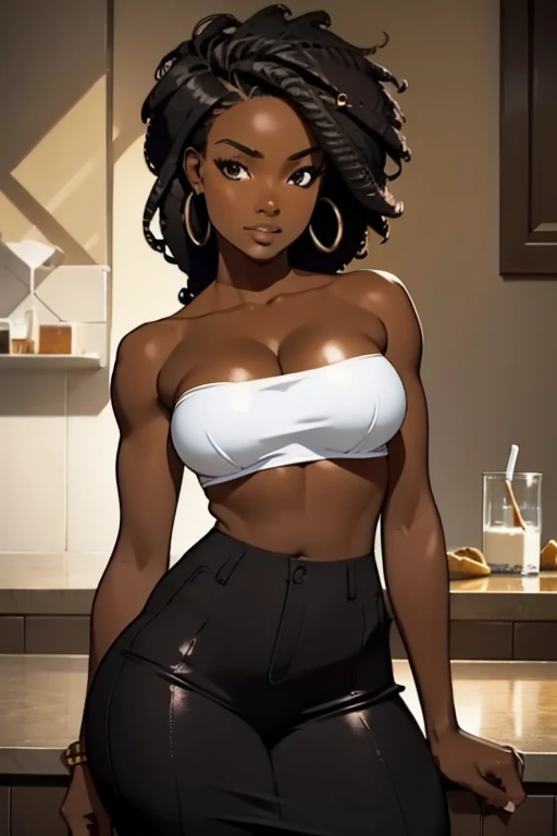 Sexy skinny ebony skinned female wearing cropped graphic t-shirt, a short pink skirt, busty, thicc thighs, has long black wavy hair, perfect eyes, perfect face, masterpiece, solo, alone, (SOLO)(ALONE) showing belly, brown eyes