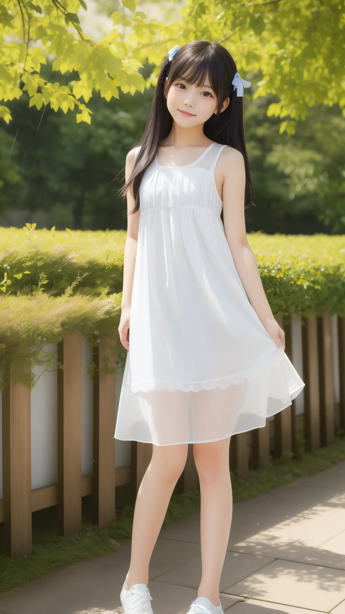 ((Attention to detail)),(Super detailed), Highly detailed CG Unity 8k wallpaper, Highest quality, 8K, 11 years old、girl、Two people、Fluffy long hair,、Mid-chest、((Beautiful Skin))、((Beautiful legs))、((Thin legs))、((smile))、sea,Summer outfit、