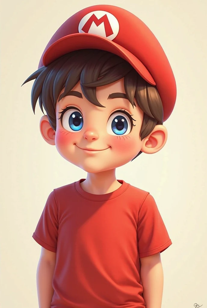 create a playful  boy with a red shirt with mario bros face print , super short light brown hair and fair skin, lightbrown eyes, fine nose, no freckles,body becoming malnourished in stages