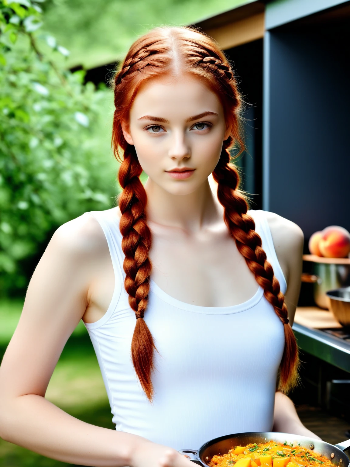 gnmxft, 1girl, solo, wypięty tyłek. Podniesiona spódnica. 
24 year old, supermodel, very skinny, petite, small , Redhead dutch braid, , , peach eyes, fair skinned,   best quality , RAW photo, subject, 8k uhd,  high quality, photorealistic,    affluential,  preparing a meal in an open-air kitchen,