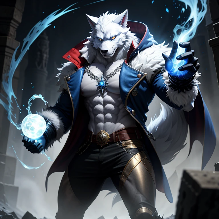 (masterpiece,best quality,perfect anatomy),detailed background,hi res,
by milkytiger1145,by null-ghost,
solo,male anthro wolf,cloak,topless,shorts,laugh,looking at viewer,
dark theme,backlight,(circle light:1.4),magic,
