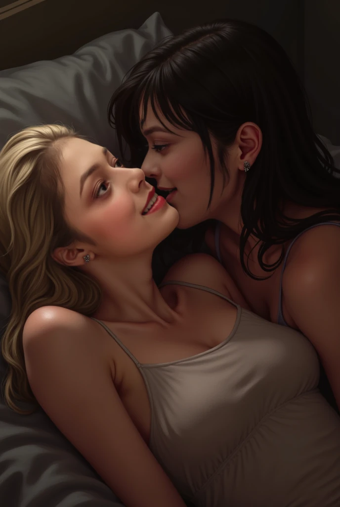 Two Caucasian women lying on a bed and kissing
