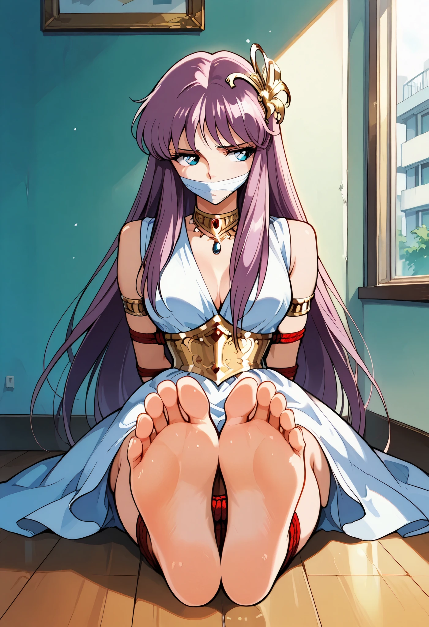 score_9, score_8_up, score_8, score_7_up, source_anime, anime screencap, masterpiece, best quality, high resolution, absurdres, highres, amazing quality, very aesthetic, ultra detailed, perfect details, huge filesize, oldest BREAK 1girl, looking away, upset, face focus, sunlight, volumetric light, athenakido, sleeveless dress, athena accessories, aqua eyes, retro artstyle, indoors, apartment, barefoot, toes, soles, soles up, foot wrinkles, foot focus, intricate details, perfectly drawn foot, each foot has exactly five toes, foot focus, showing her soles to the viewer, arms behind back, bondage, bound torso, bound arms, bound legs, rope, brown rope, bound ankles, foot together, gagged, cleave gagged, 
