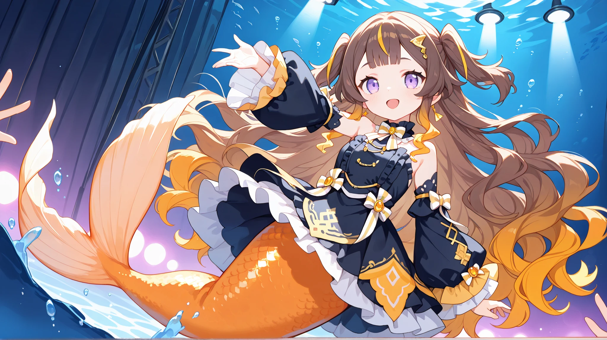 (anyamelfissa, 1girl, solo, long hair, bangs, blonde hair, brown hair, hair ornament, dress, bow, jewelry, very long hair, purple eyes, multicolored hair, detached sleeves, black dress, two side up, streaked hair, gradient hair, wavy hair), ((mermaid, light orange tail)), tiny, cute, happy, medium breasts, underwater, fish, submerged, swimming, dancing, stage, stage light, open mouth, looking at viewer, singing, ocean, bokeh effects, dynamic pose, dynamic angle, hdr, low contrast, (pastel colors)
masterpiece, best quality, absurdres, masterpiece, highres, perfect anatomy, anime style, anime screenshot, 8k wallpaper, ultra high quality, (extremely detailed cg), perfect lighting, (sharp image), dynamic angle,