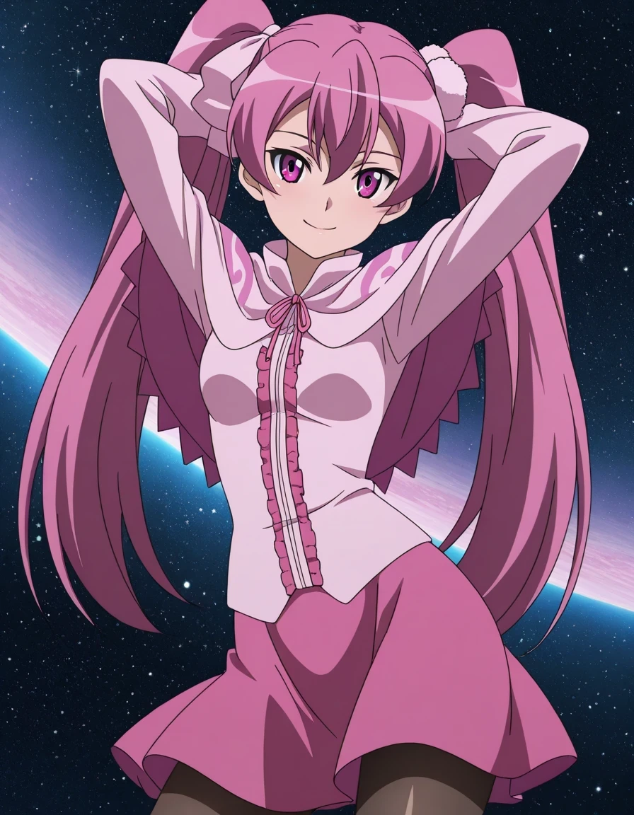 mine, long hair, twintails, pink hair, pink eyes, small breasts, mature female, anime screencap, dress, pantyhose, pink dress, capelet, pink capelet, pink skirt, skirt, long sleeves, shiny skin, solo, space, hands behind head, ((contrapposto)), closed mouth, cowboy shot, posing, looking at viewer, smile, best quality,