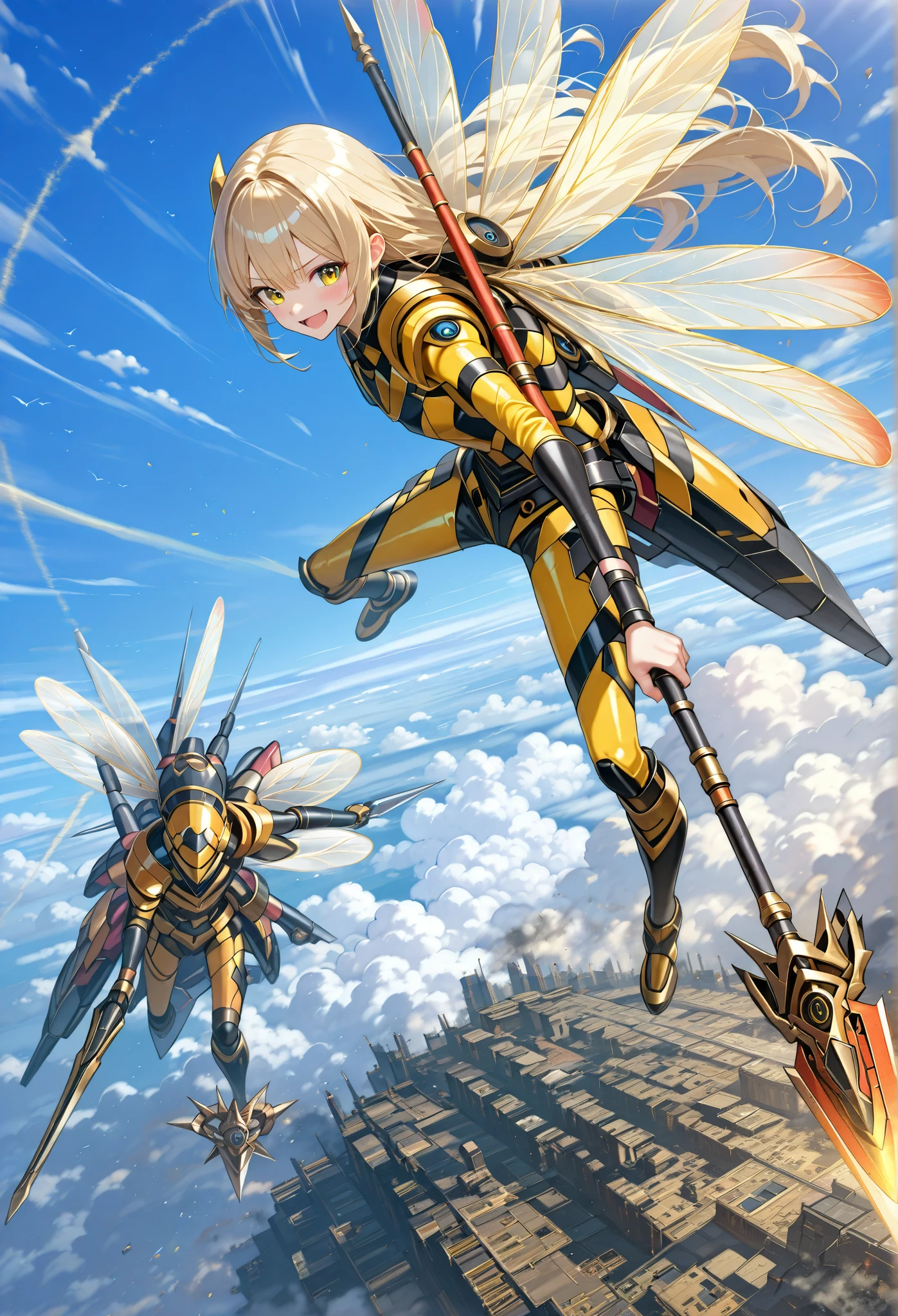view from above,Beautiful girl cosplaying as a bee,(li:0.3),blonde long hair,laughing,thin,holding a large, weaponized, honey-colored, spear or wing-like structure. The woman's attire consists of a form-fitting, bright yellow bodysuit with black accents, resembling a stylized insect-like costume. long socks. Exposed thighs,frilled body suit,military style,The background features a light-blue sky dotted with fluffy white clouds,looking at viewer,(attack viewer:1.3) with weapons.Transparent insect wings,Battlefield visible in the distance