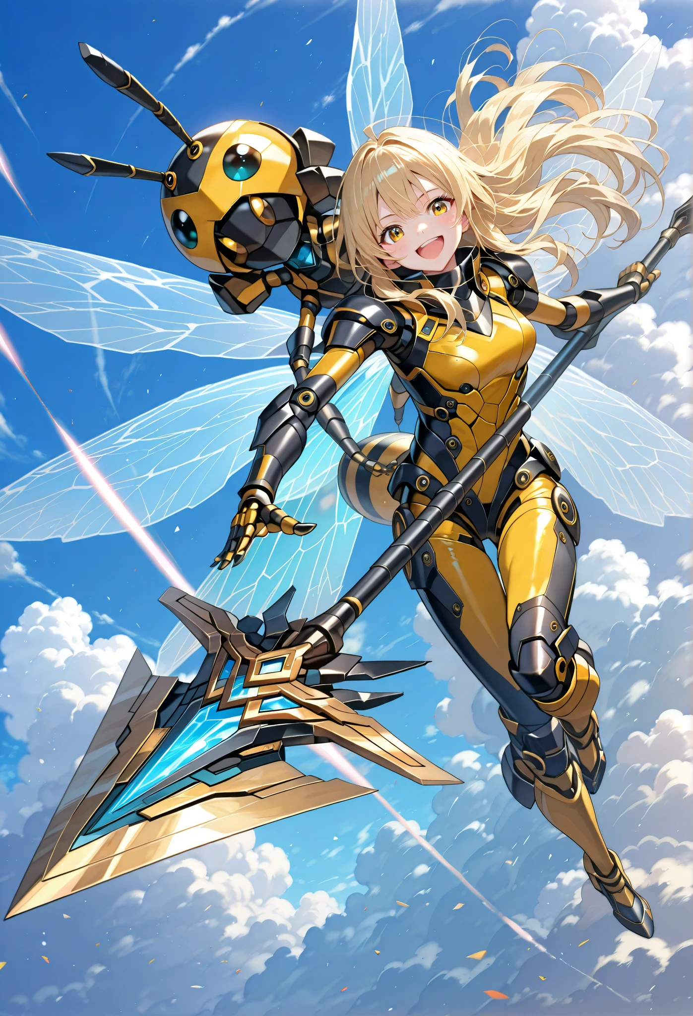 view from above,Beautiful girl cosplaying as a bee,(li:0.3),blonde long hair,laughing,thin,holding a large, weaponized, honey-colored, spear or wing-like structure. The woman's attire consists of a form-fitting, bright yellow bodysuit with black accents, resembling a stylized insect-like costume. long socks.  Exposed thighs,frilled body suit,military style,The background features a light-blue sky dotted with fluffy white clouds,looking at viewer,(attack viewer:1.3) with weapons.Transparent insect wings,Battlefield visible in the distance