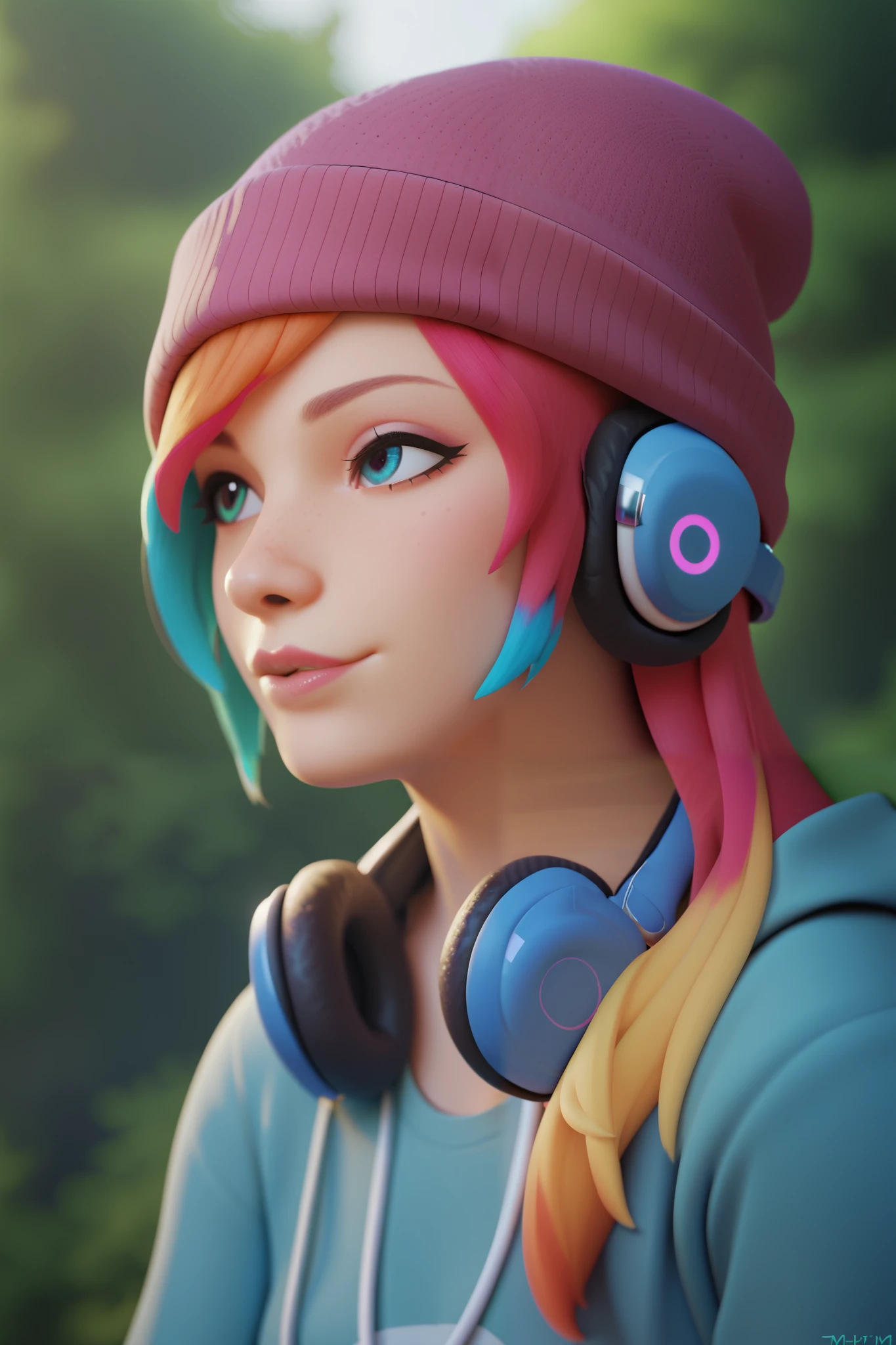 score_9, score_8_above, score_7_above, score_6_above, high resolution, 8k, 2.5D,medium plan, headphones, beanie, Multicolored hair BREAK giving a donut to a fox, forest