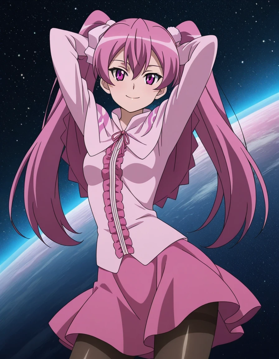 mine, long hair, twintails, pink hair, pink eyes, small breasts, mature female, anime screencap, dress, pantyhose, pink dress, capelet, pink capelet, pink skirt, skirt, long sleeves, shiny skin, solo, space, hands behind head, ((contrapposto)), closed mouth, cowboy shot, posing, looking at viewer, smile, best quality,