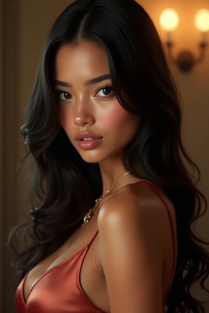 a beautiful black woman with long flowing hair, detailed facial features, sensual expression, elegant pose, high fashion glamour, radiant skin, dramatic lighting, cinematic composition, masterpiece, 8K, photorealistic,