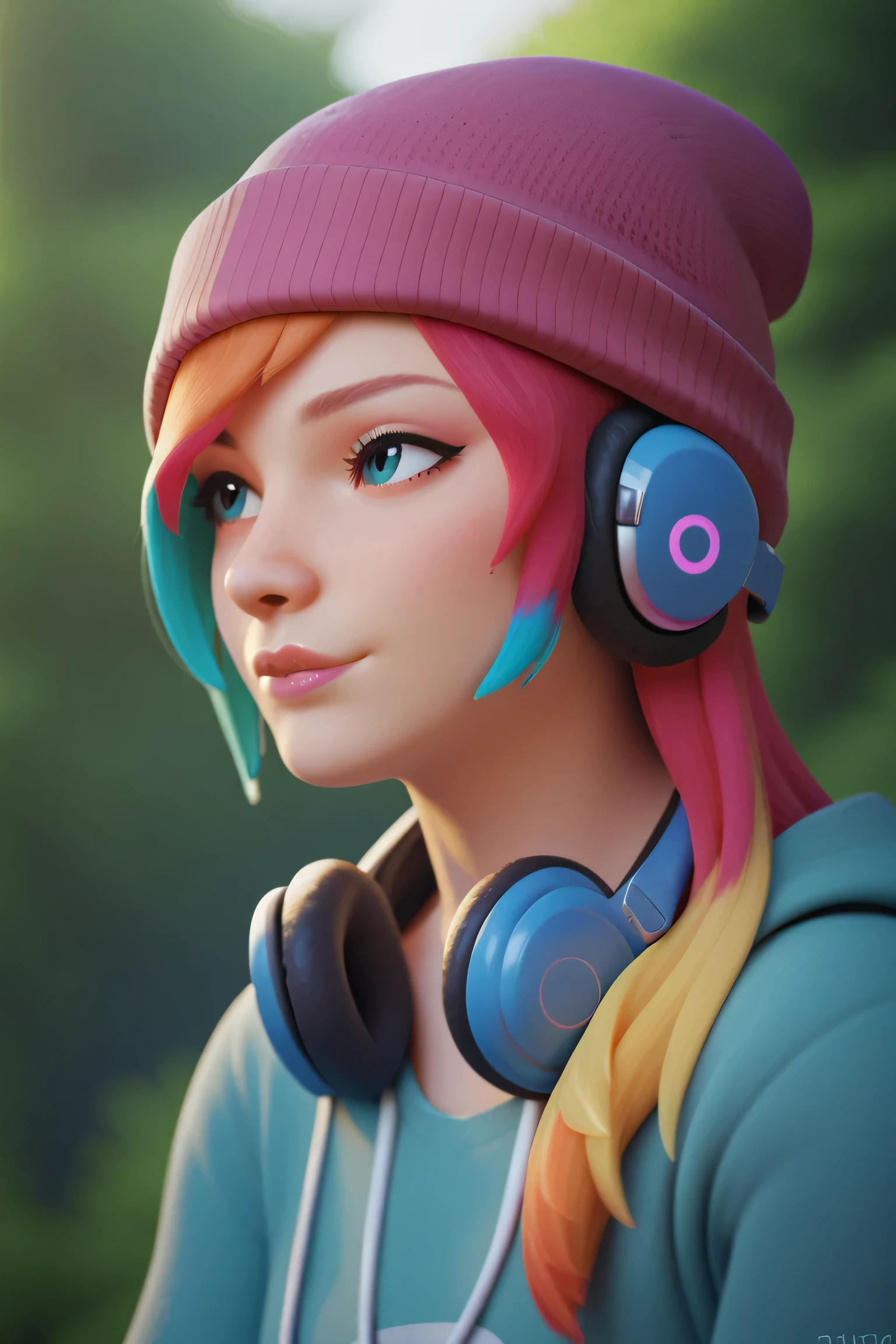 score_9, score_8_above, score_7_above, score_6_above, high resolution, 8k, 2.5D,medium plan, headphones, beanie, Multicolored hair BREAK giving a donut to a fox, forest