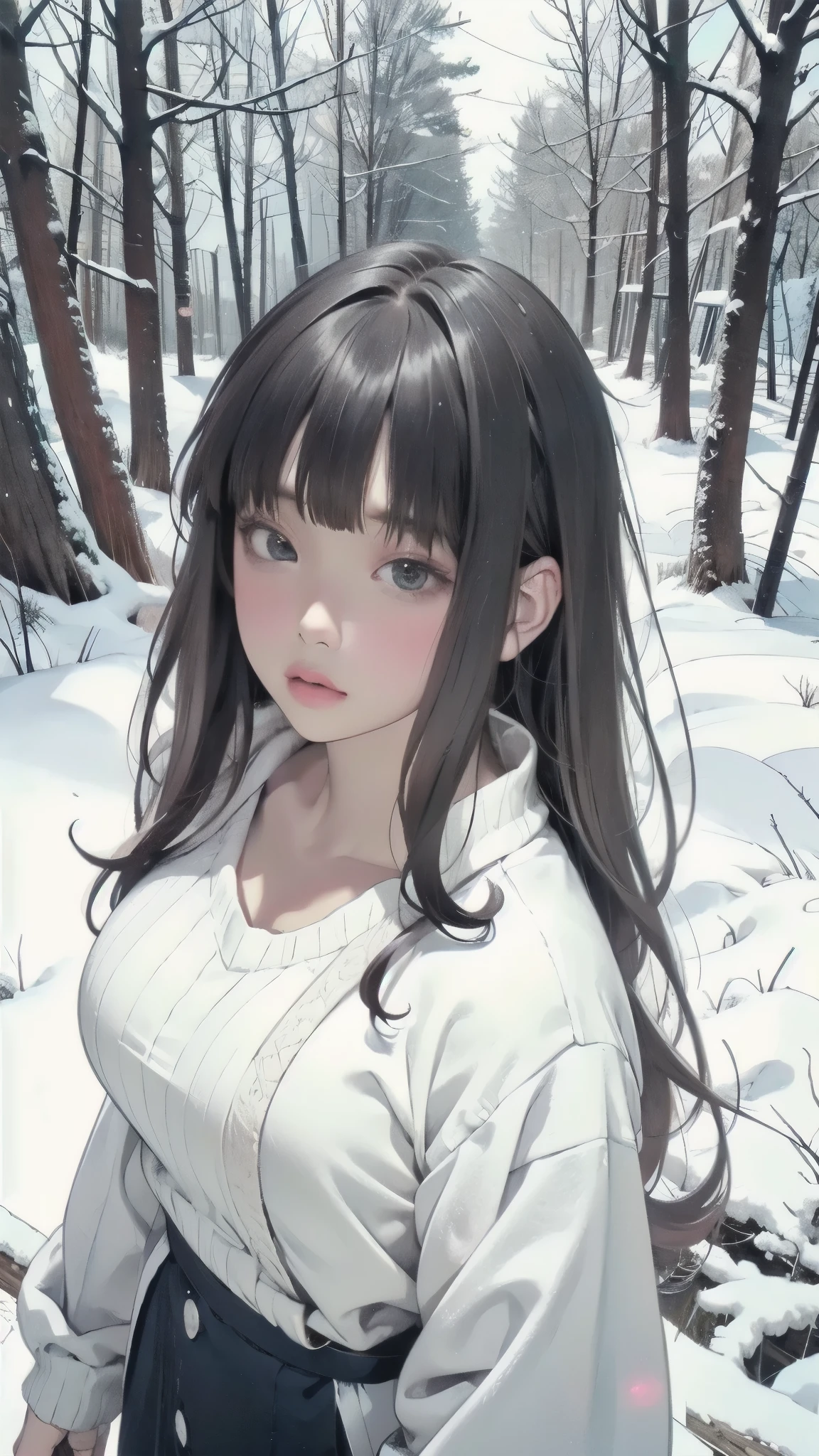 shot from above、Winter white knitted anime girl posing in a snowy forest, black hair、full bangs、 anime drawing inspired by Miu Komatsu, cute girl anime visual, Hinata Hyuga, Bewitching Anime Girl, charming anime girl, Anime Best Girl , winter aesthetics , anime moe art style, beautiful anime girl, my chest is open、highlight breasts