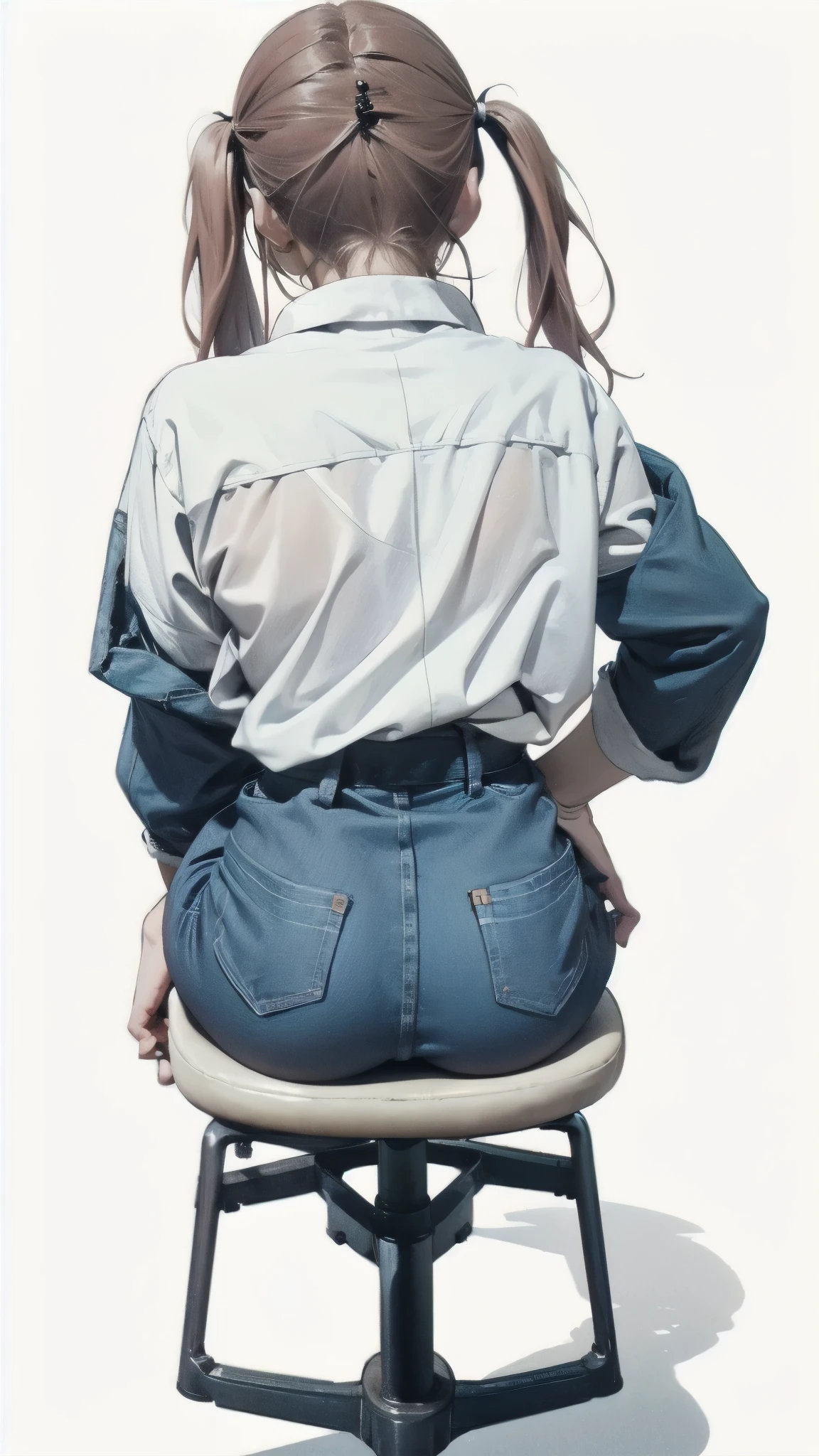 here is a woman、いすに腰かけてている girl、 Simple White Background , Girl sitting on a chair, long shot from behind , Bent knees, Shapely butt, long shot from behind, Tight back view , from above prison, leg and thigh shots、tight DIOR clothes, Gold、Twin Tails、 girl、anatomically correct、