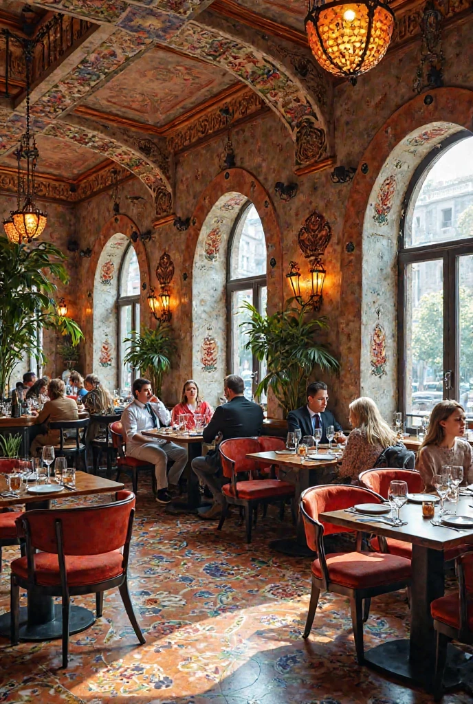 a restaurant, a restaurant в москве, public place, indoors, big windows, luxury, дорогой a restaurant, people have lunch, workers greet guests, Marvel Comics Style, comics